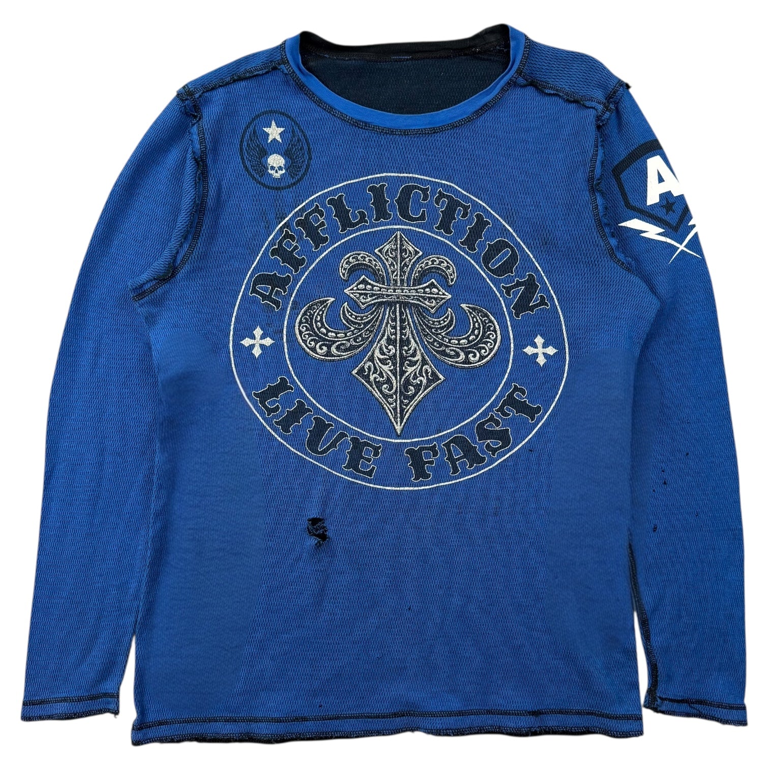 Vintage Y2K Affliction ‘Live Fast’ Thermal L/S Tee Blue