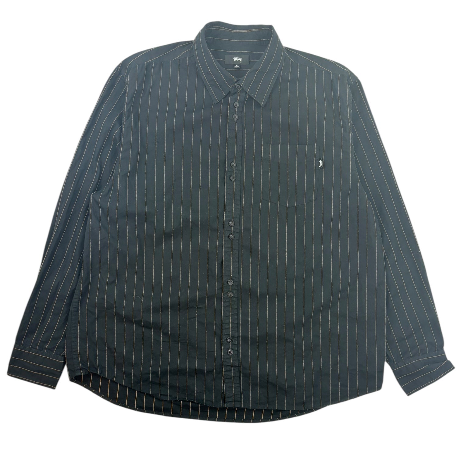 Stussy Embroidered Striped Button-Up Long Sleeve Shirt Black