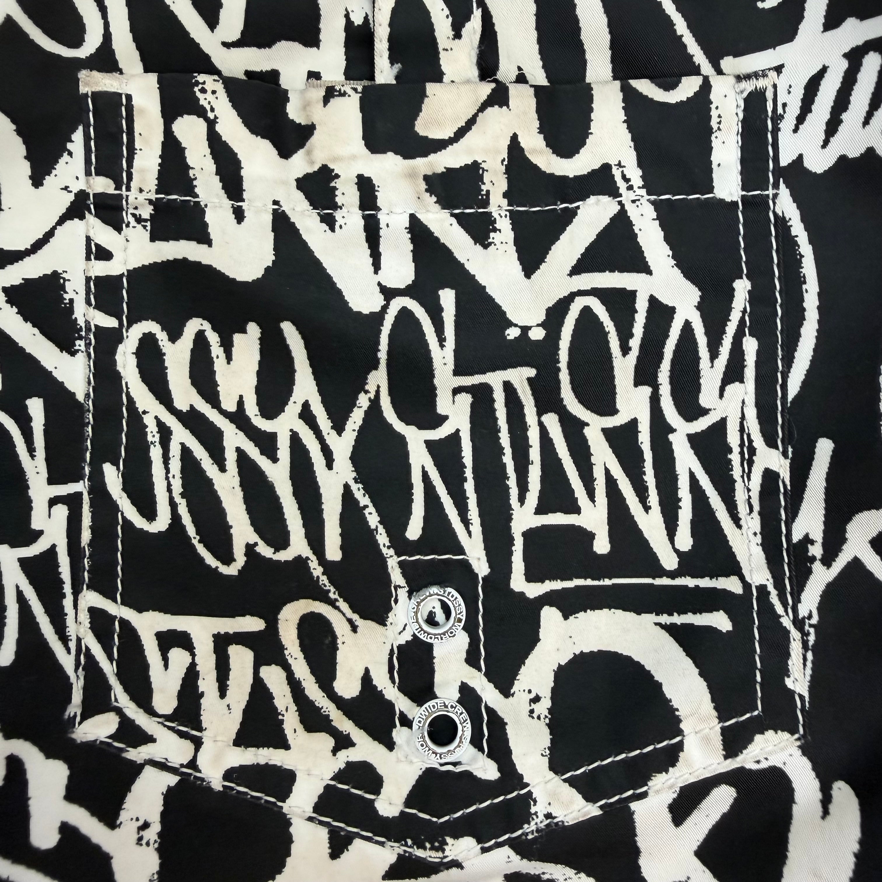 Vintage Stussy Graffiti Swim Shorts Black/White