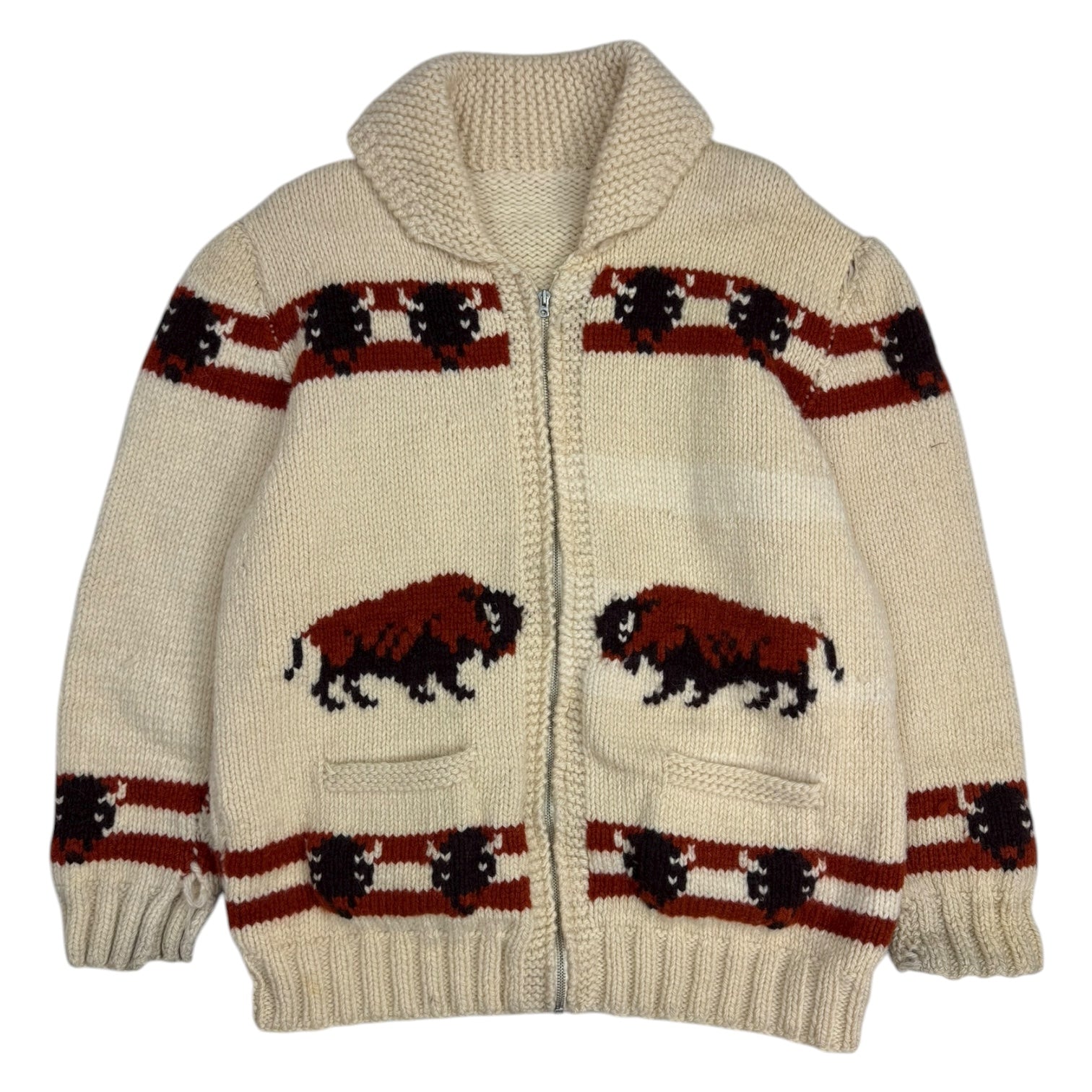 Vintage Cowichan Bison Knit Zip Up Sweater Cream