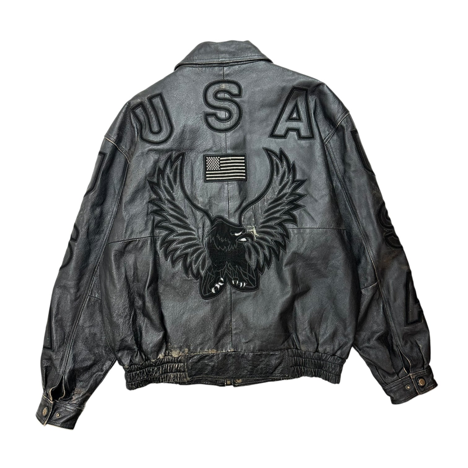 Vintage U.S.A Eagle Flag Leather Bomber Jacket Black