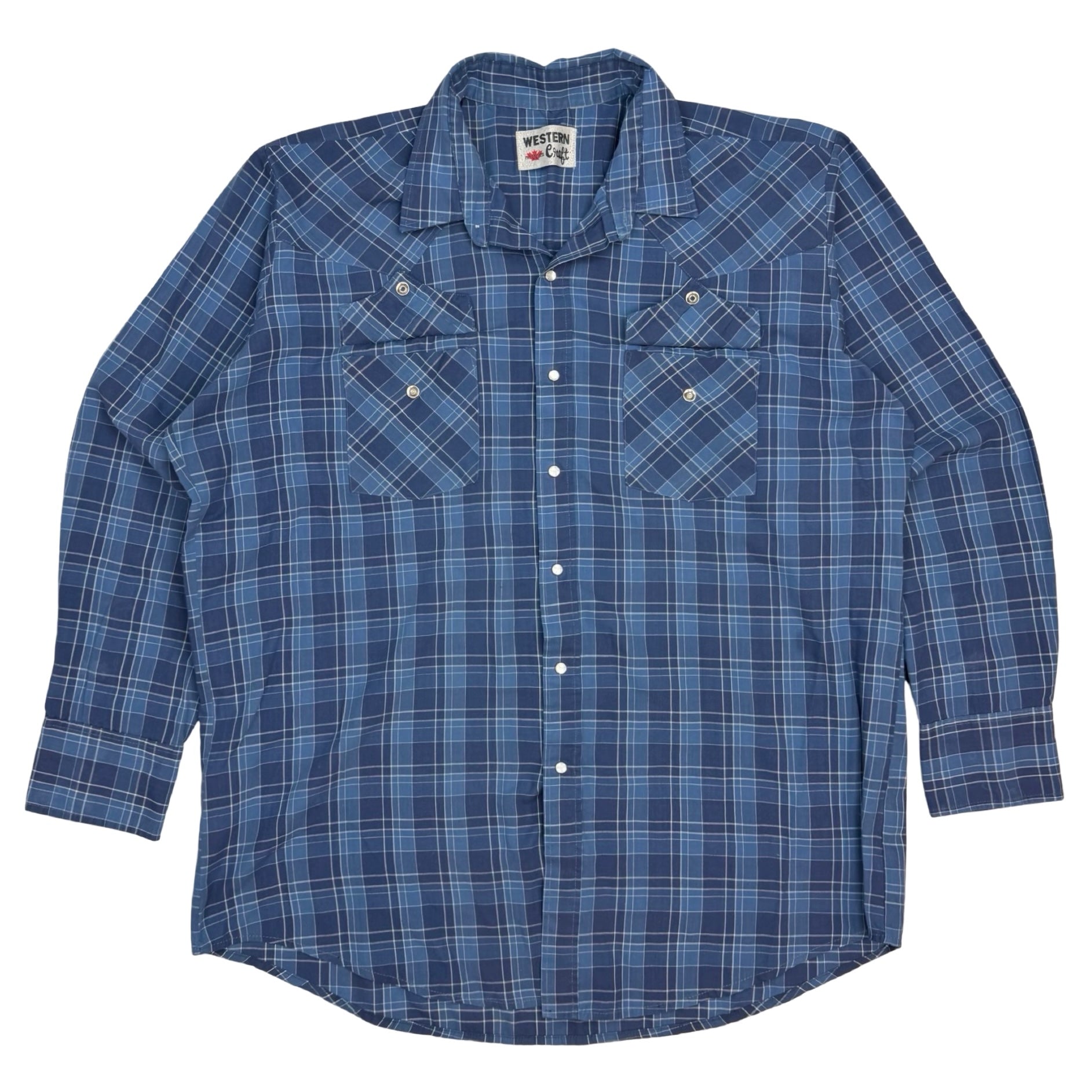 Vintage Western Craft Plaid Snap Button Up Flannel Shirt Blue