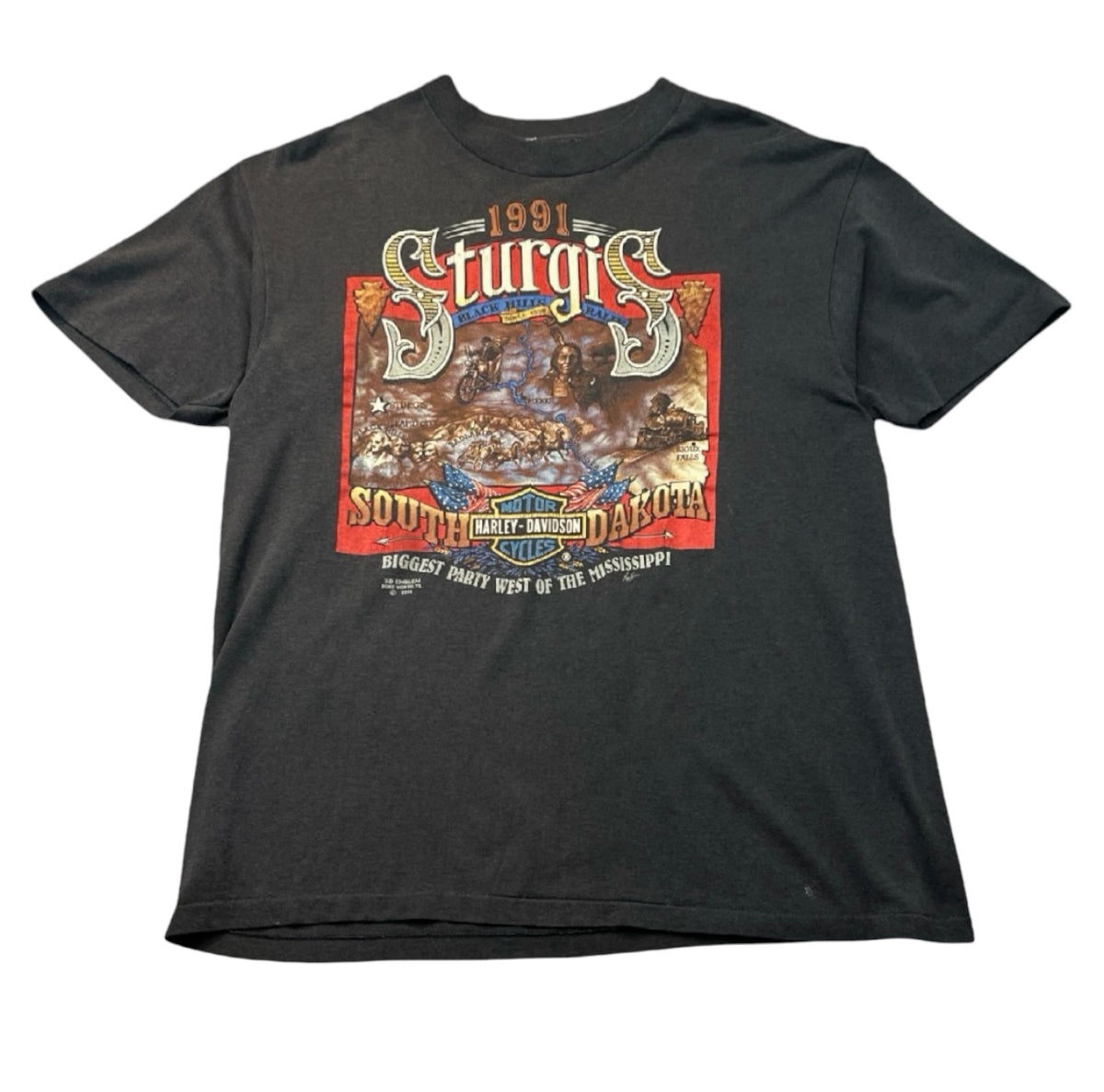 Vintage 1991 Harley Davidson 3D Emblem Sturgis South Dakota T-Shirt Black