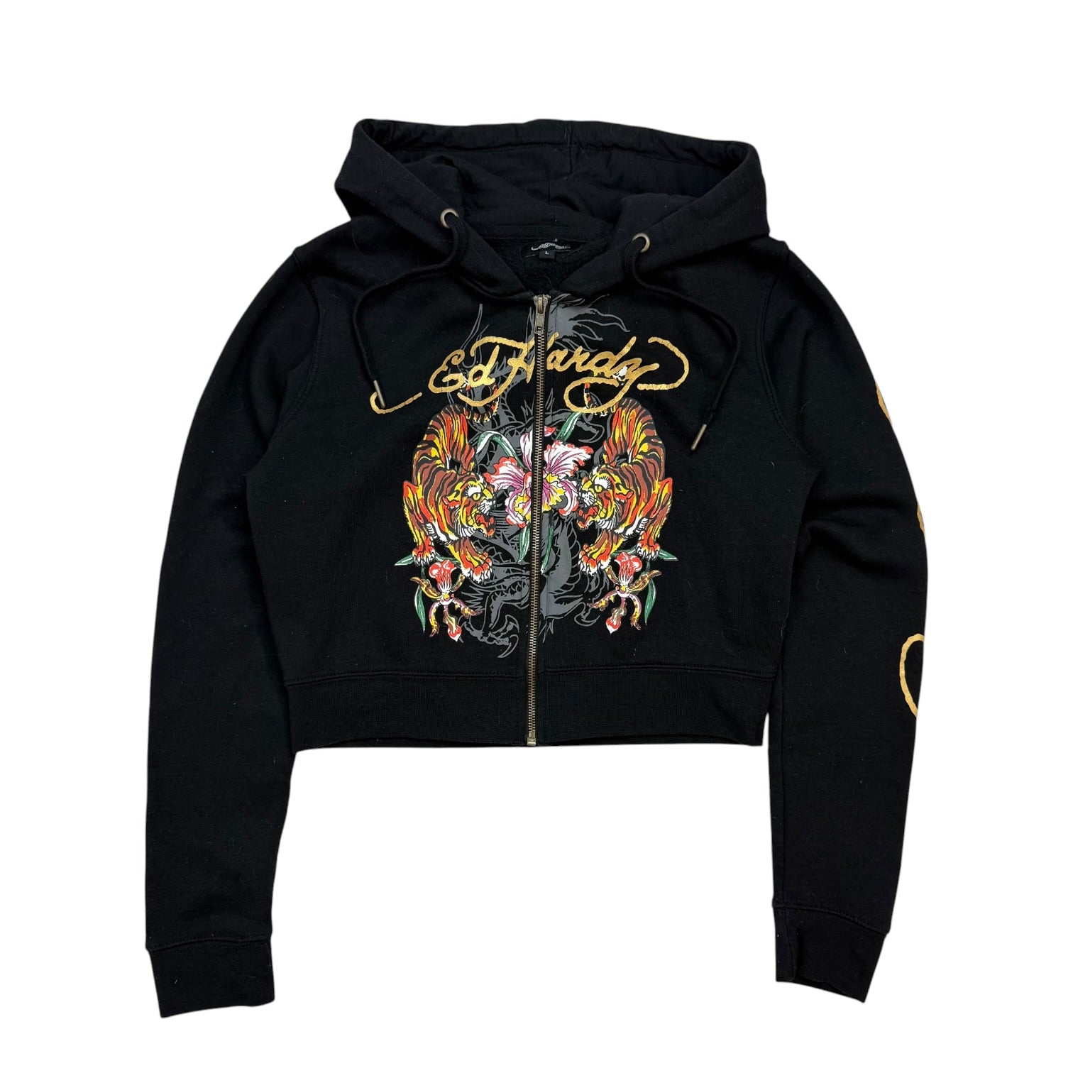 (W) Vintage Ed Hardy By Christian Audigier Tiger Orchid Cropped Zip Up Hoodie Black