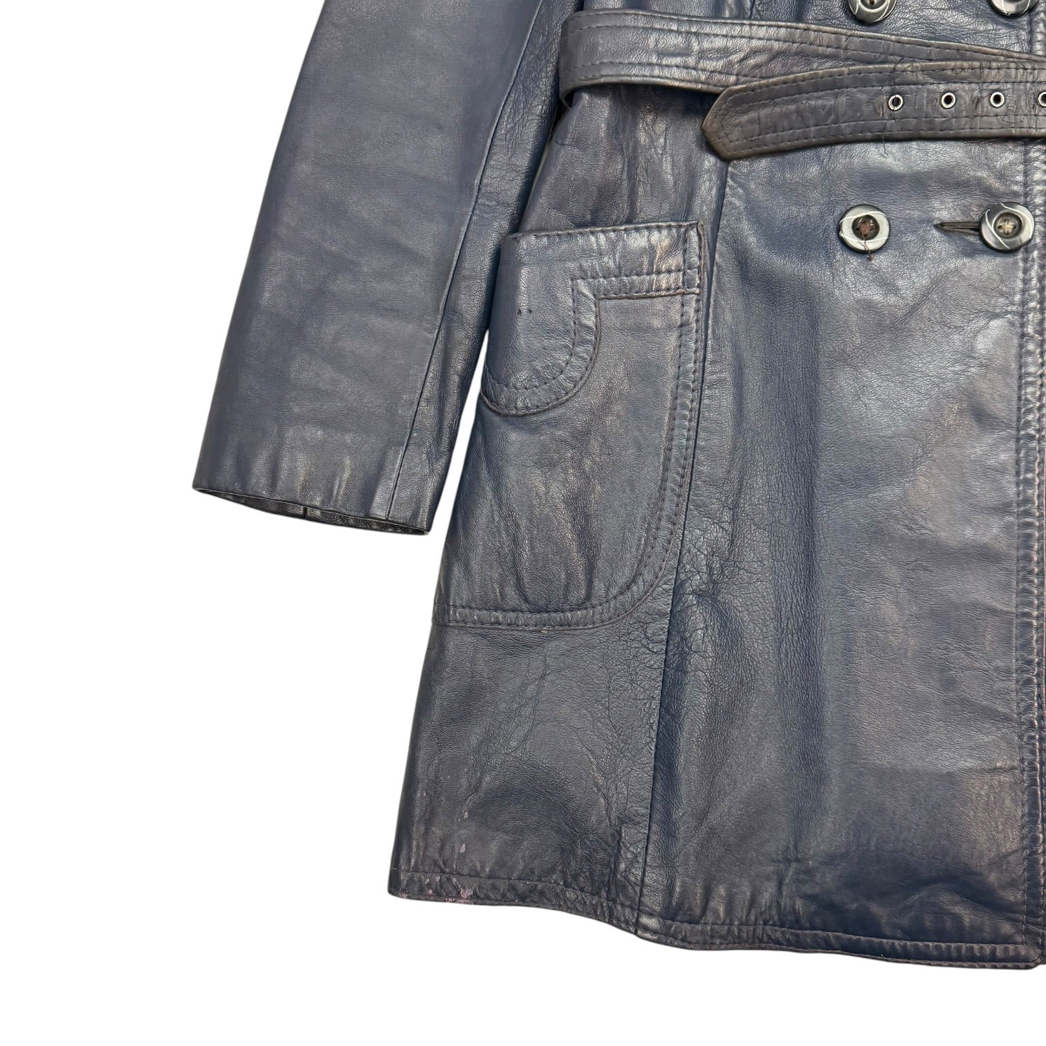 (W) Vintage Leather Trench Coat Blue