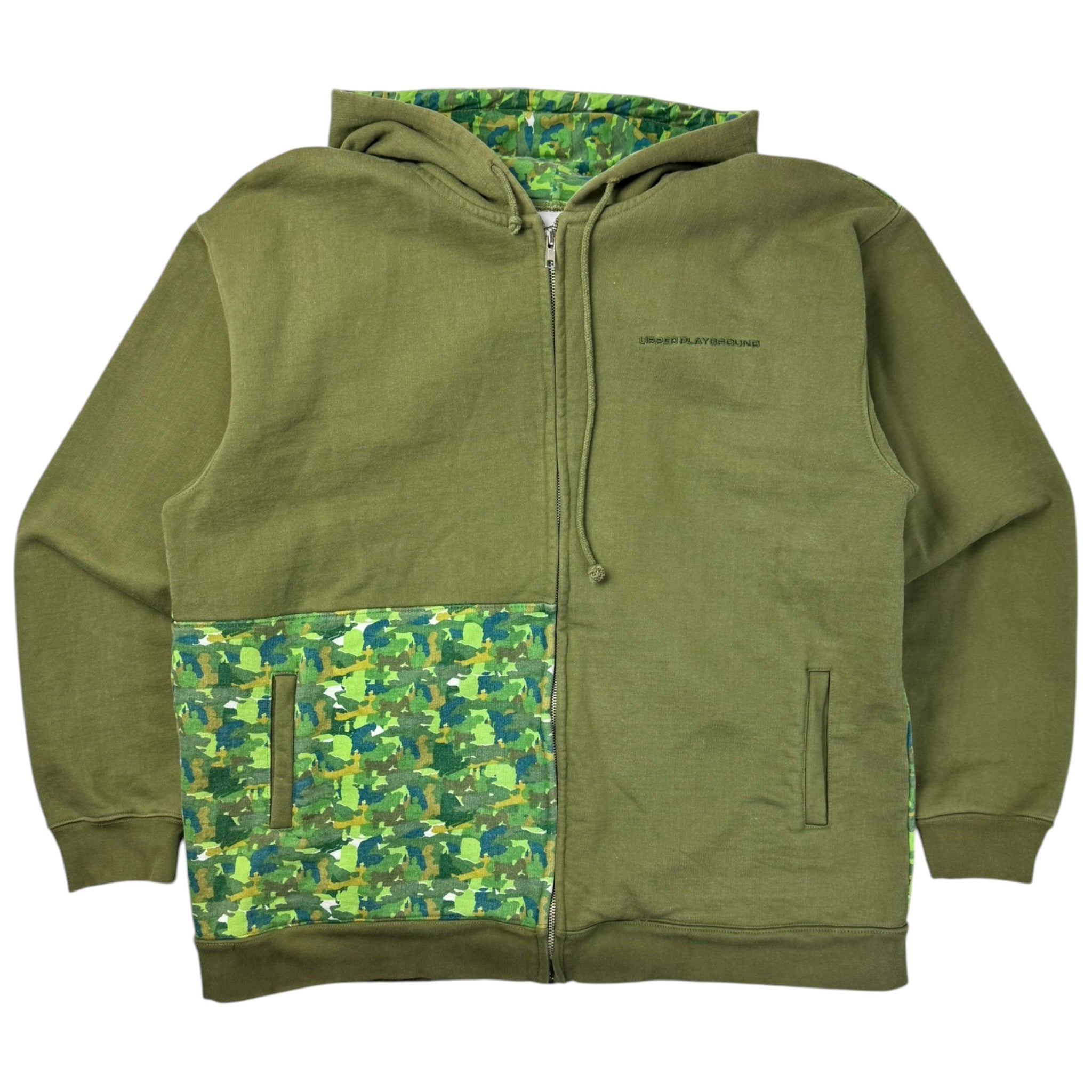Vintage Y2K Upper Playground Heavyweight Zip Up Hoodie Green Digi Camo