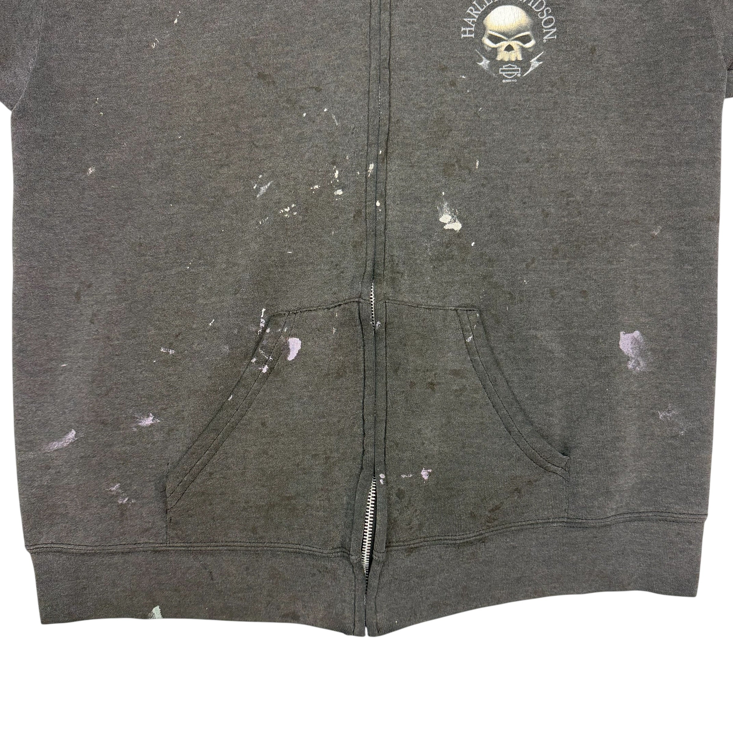 2003 Harley Davidson Skull Vancouver BC Paint Splatter Zip Up Hoodie