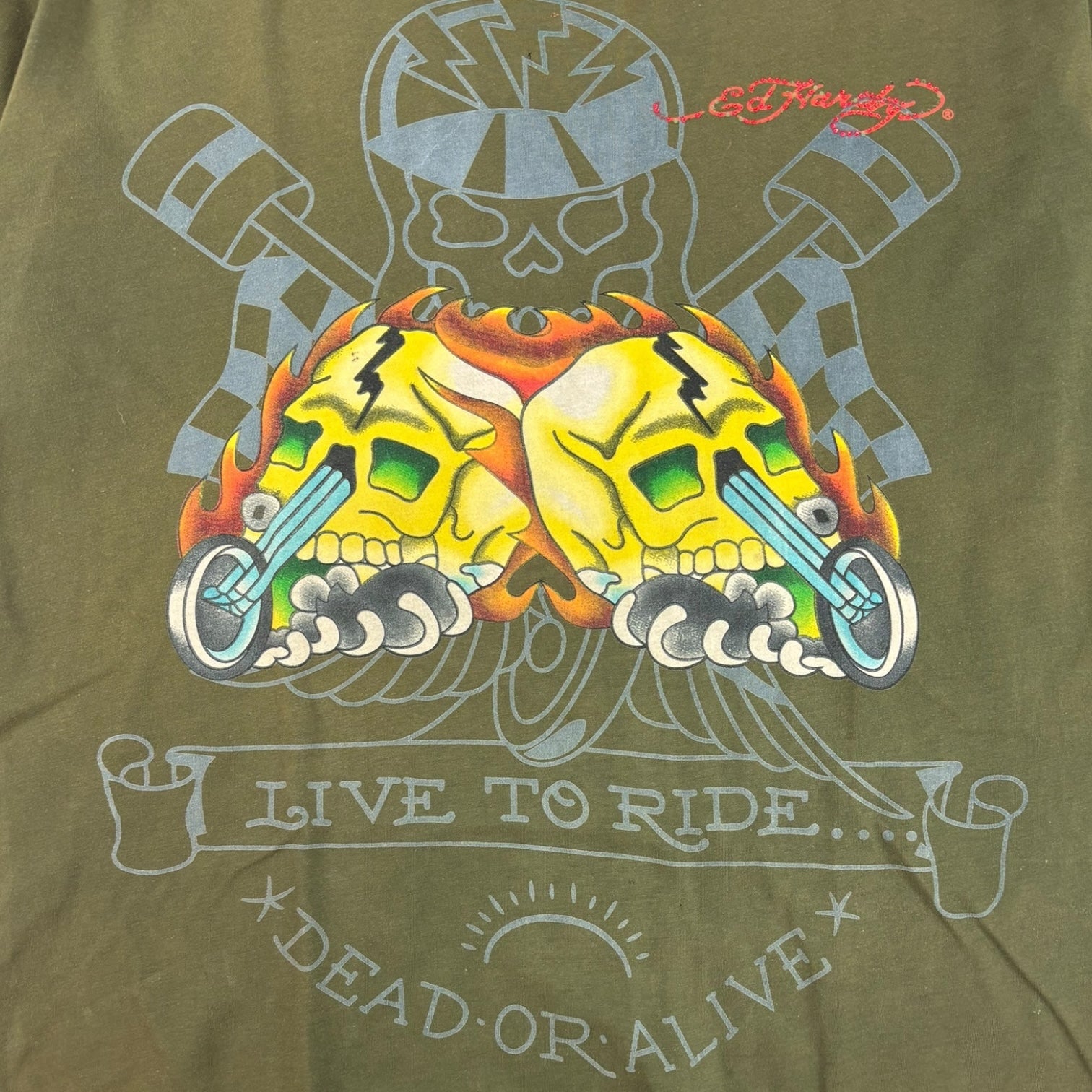 Vintage Y2K Ed Hardy “Live to Ride” Skull T-Shirt Green