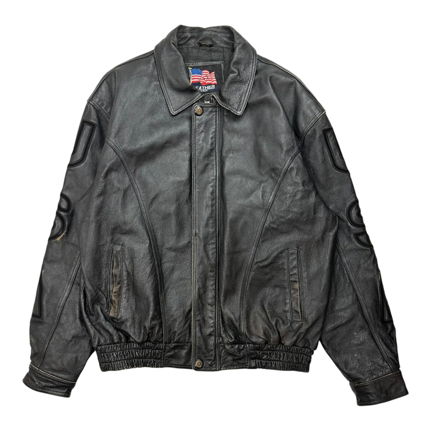 Vintage U.S.A Eagle Flag Leather Bomber Jacket Black