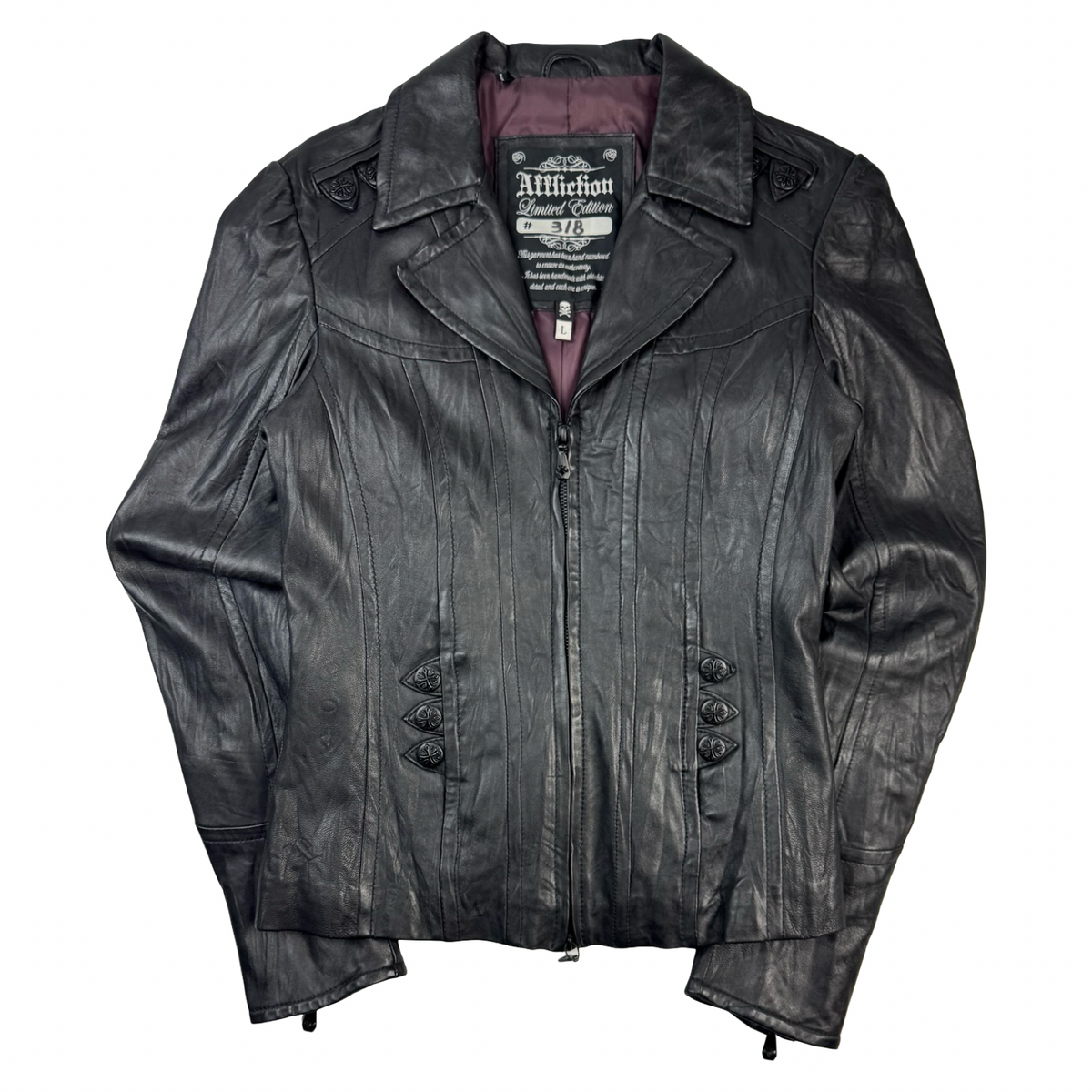 (W) Vintage 2009 Affliction Serialized Gothic Black Leather Jacket