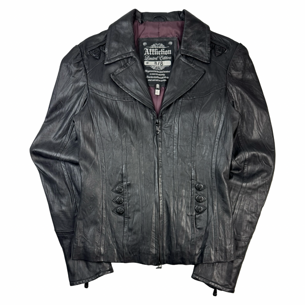 (W) Vintage 2009 Affliction Serialized Gothic Black Leather Jacket