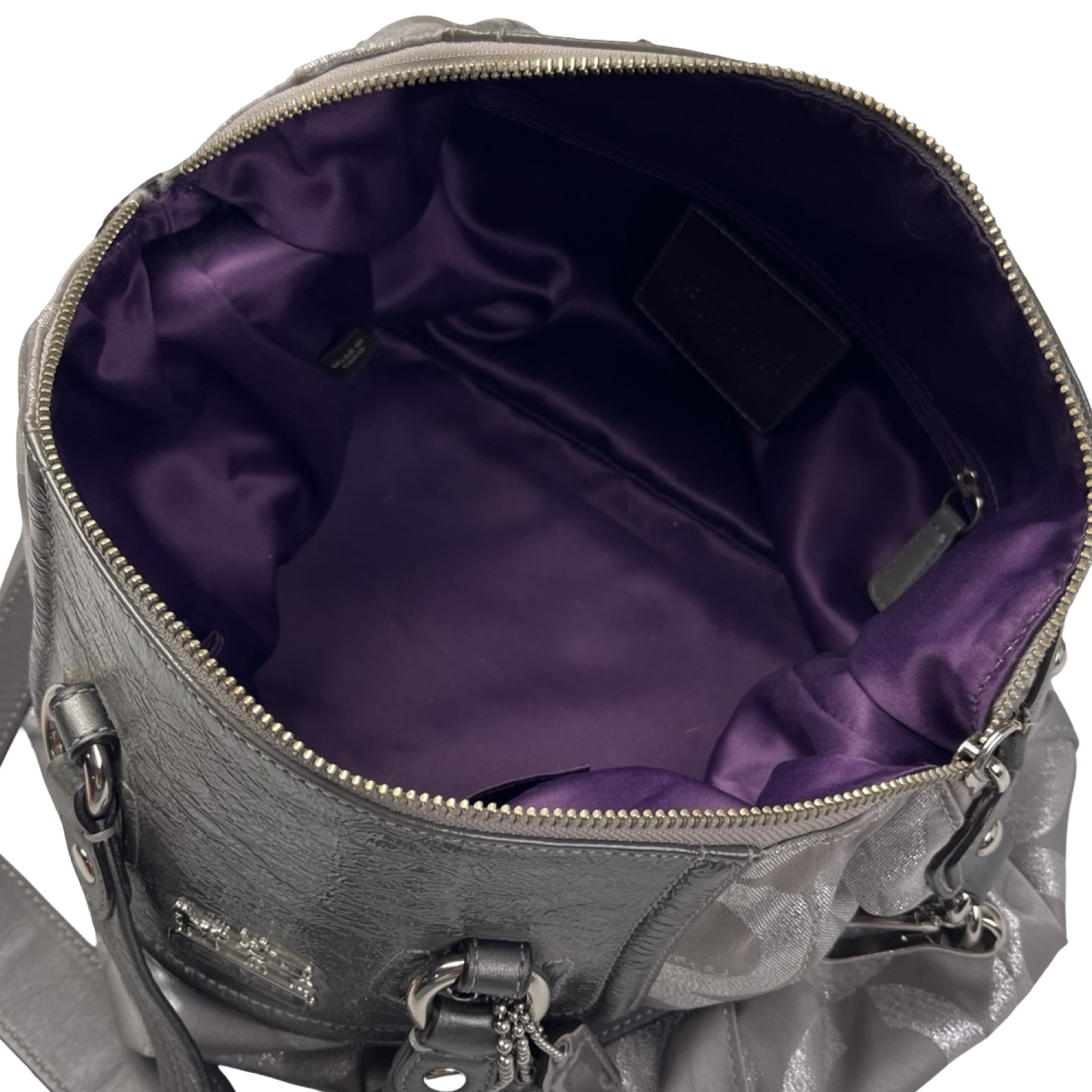 (W) Coach Madison Gray Op Art Signature C Patent Trim Purse