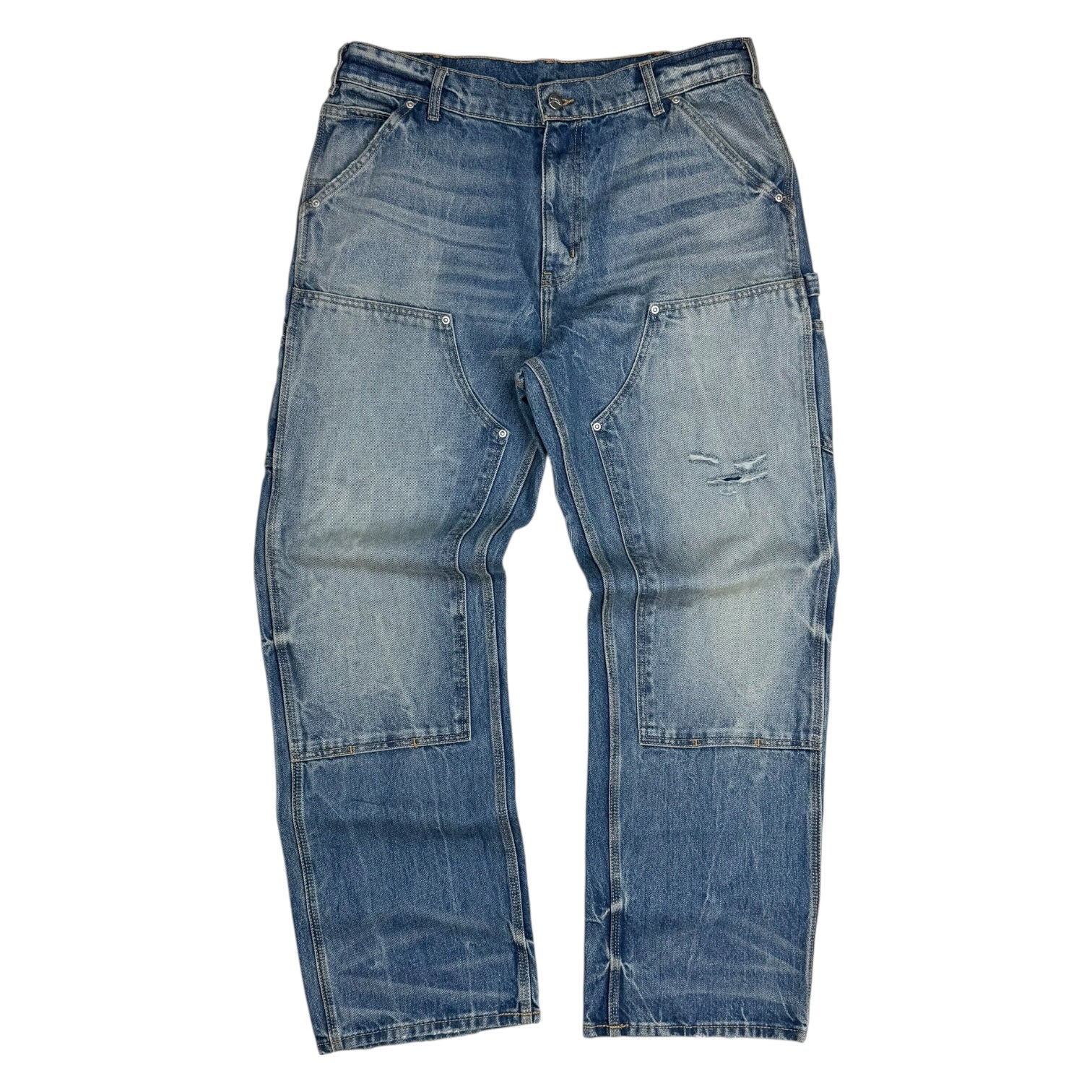 Akimbo Distressed Denim Double Knee Pants Medium Wash