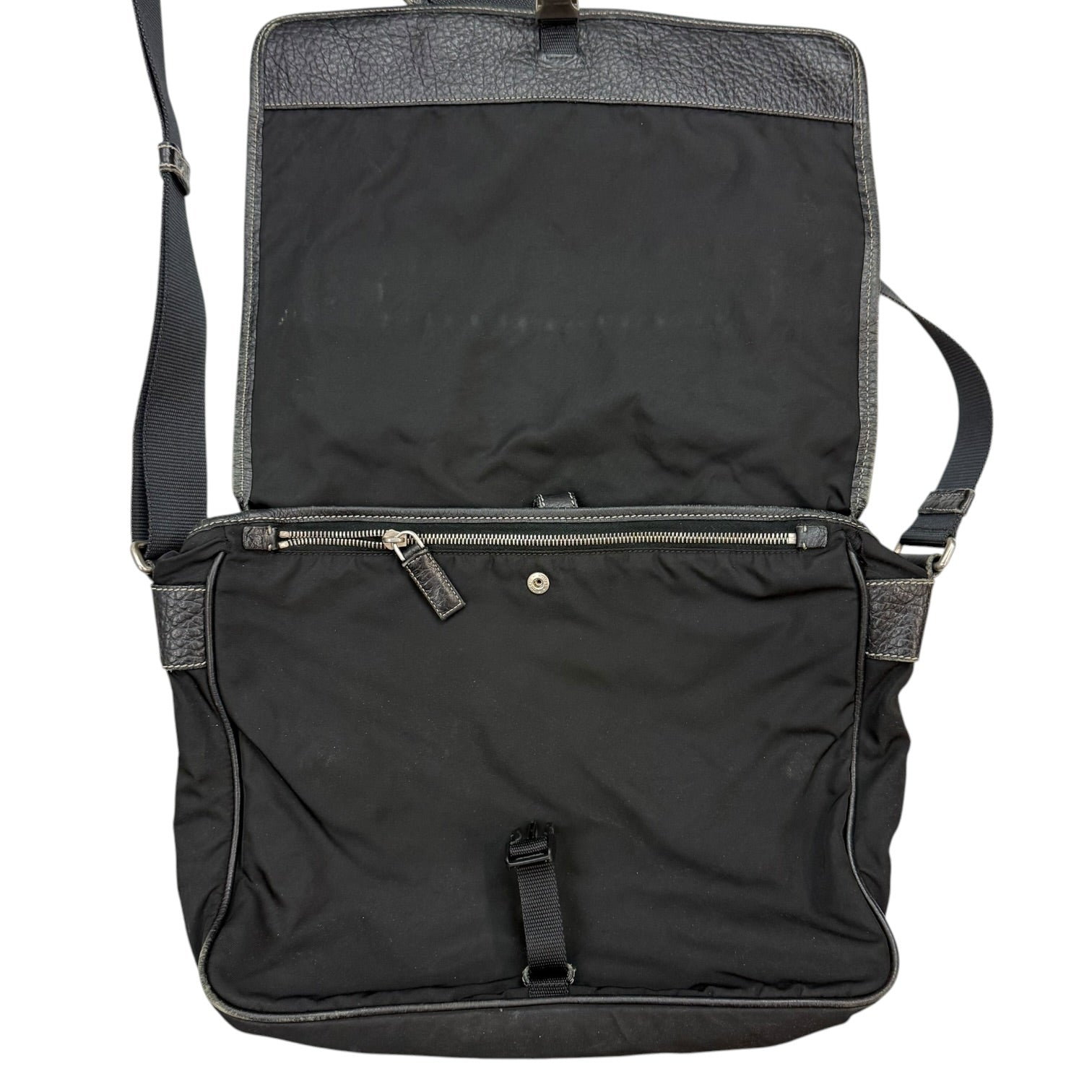 Prada Enameled Metal Trinagle Logo Nylon Messenger Bag Black