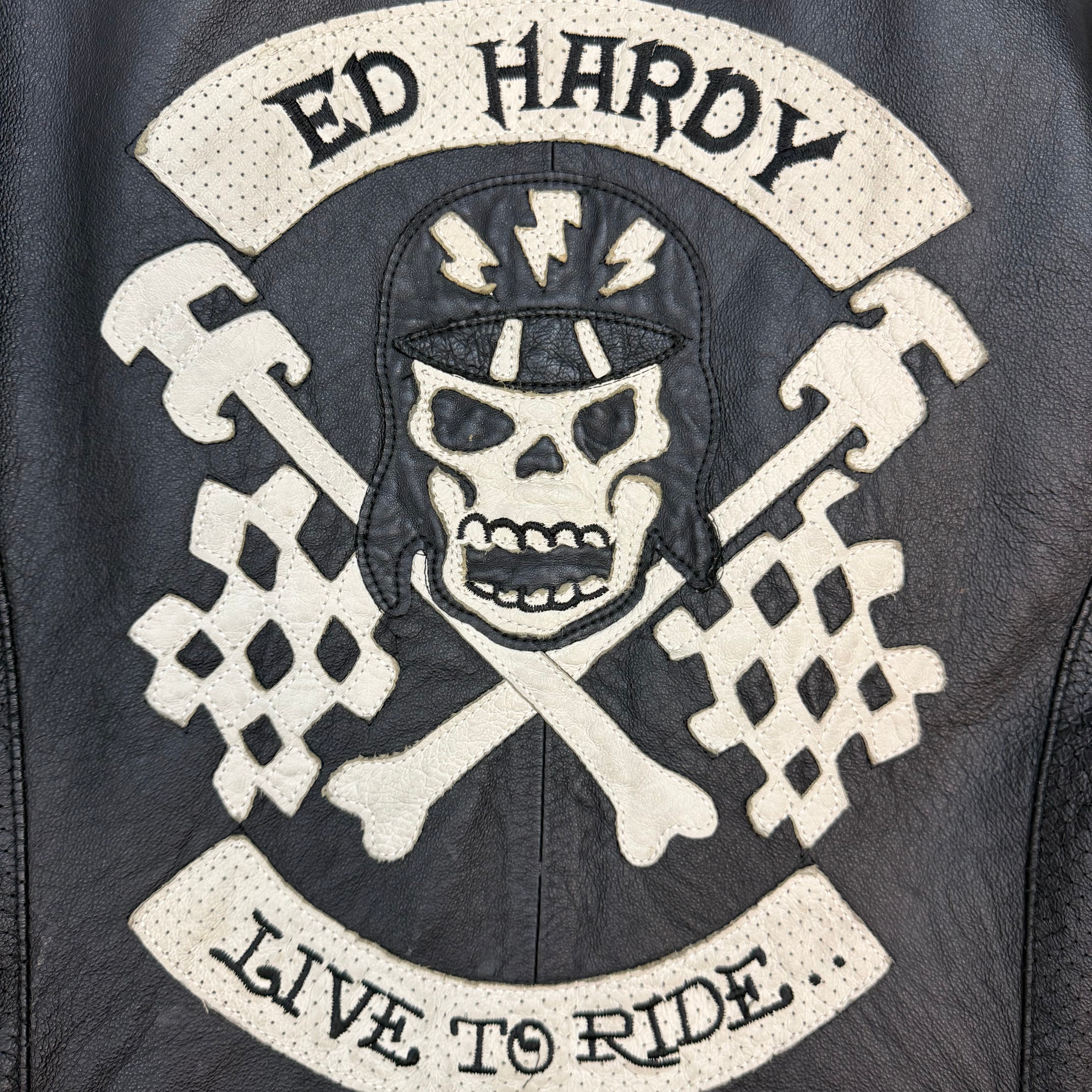 (W) Vintage Ed Hardy “Live to Ride”Leather Motorcycle Jacket Black