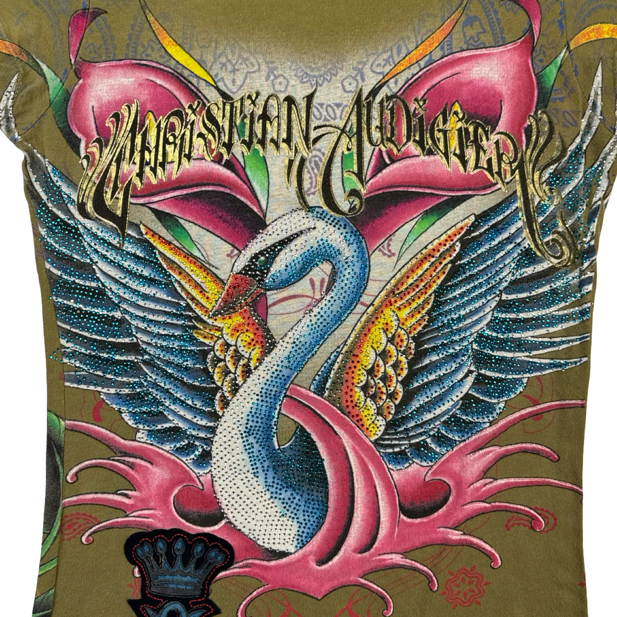 (W) Vintage Christian Audigier Rhinestone Swan With Love T-Shirt