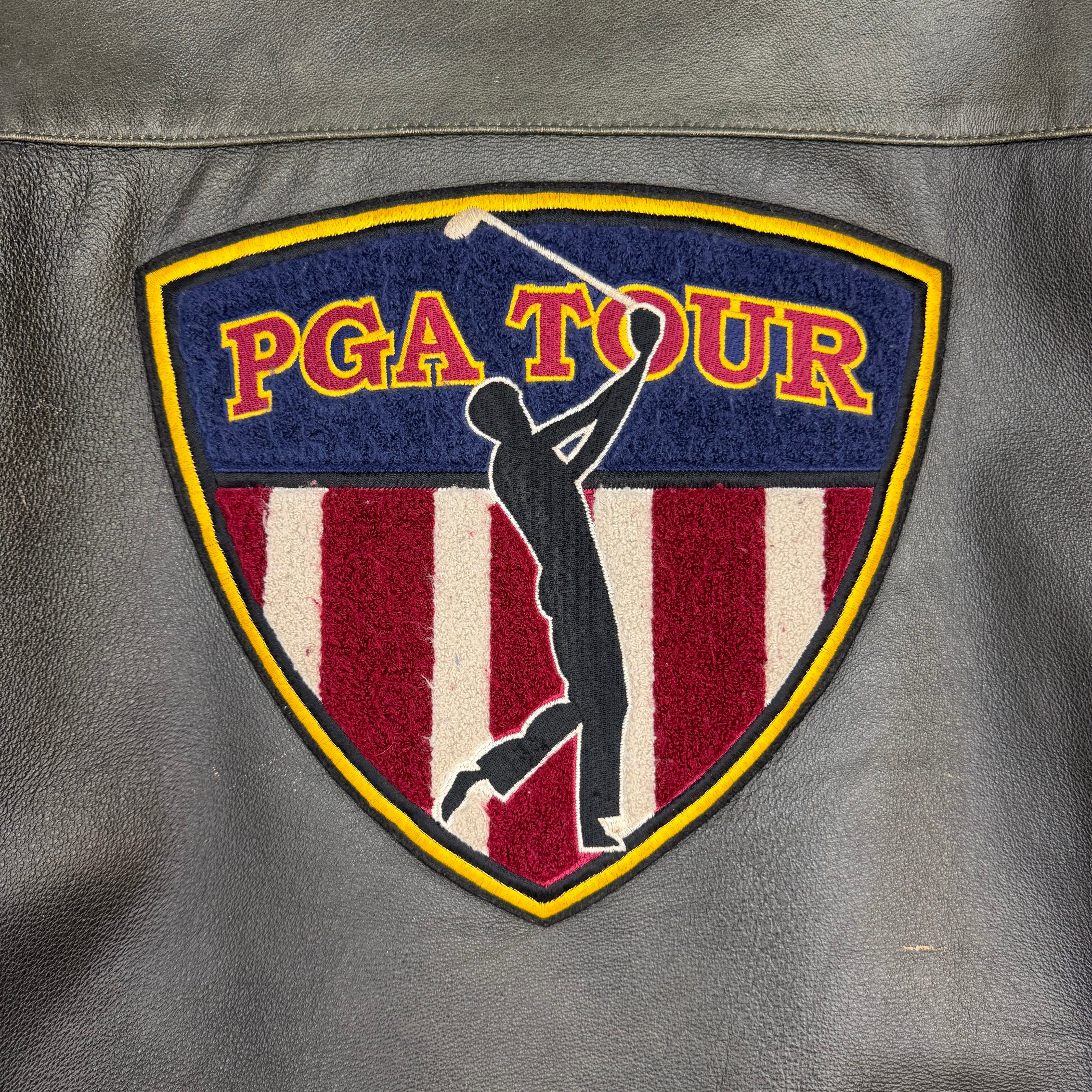 Vintage PGA Tour Partners Club Chenille Leather Jacket Black