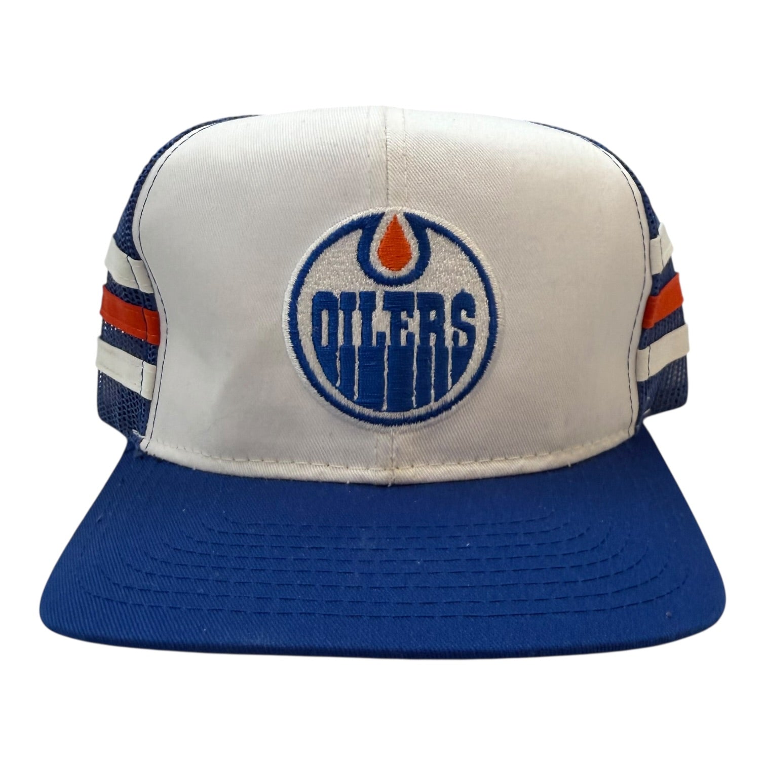 Vintage Ted Fletcher Edmonton Oilers Tri-Stripe Hat Orange/Blue