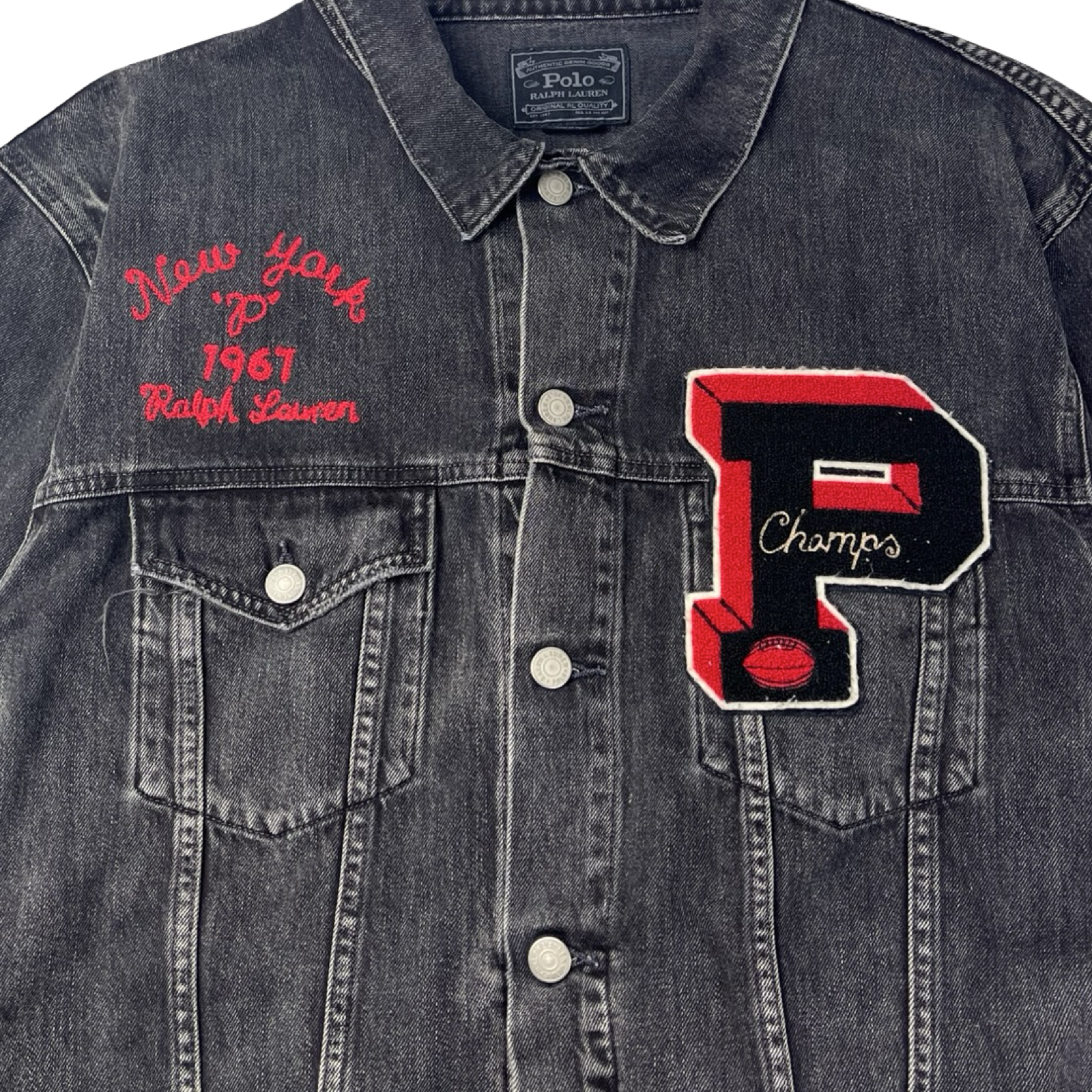 Polo Ralph Lauren Bulldog Varsity Denim Trucker Jacket Faded Grey