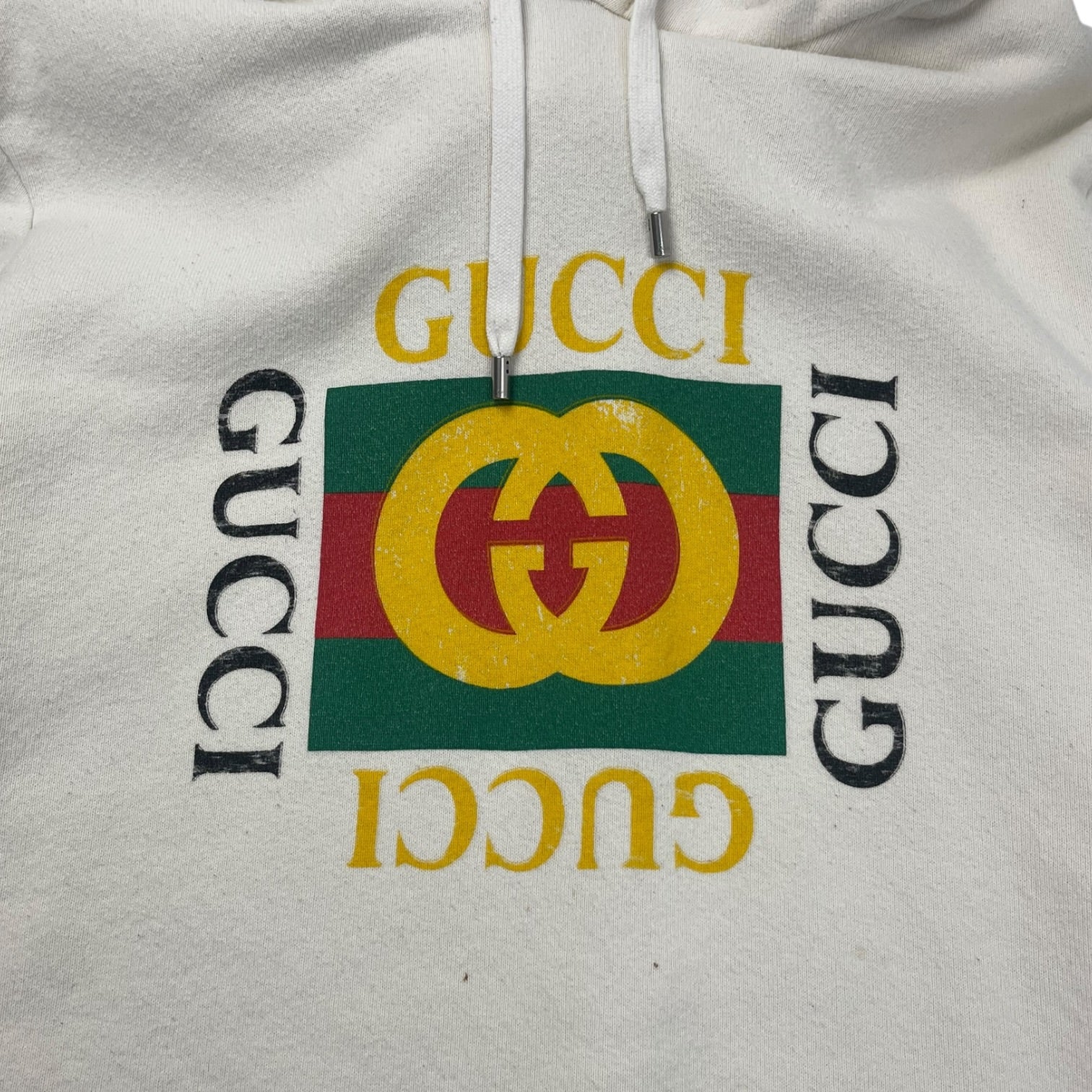 Gucci Logo Distressed Hoodie Cream
