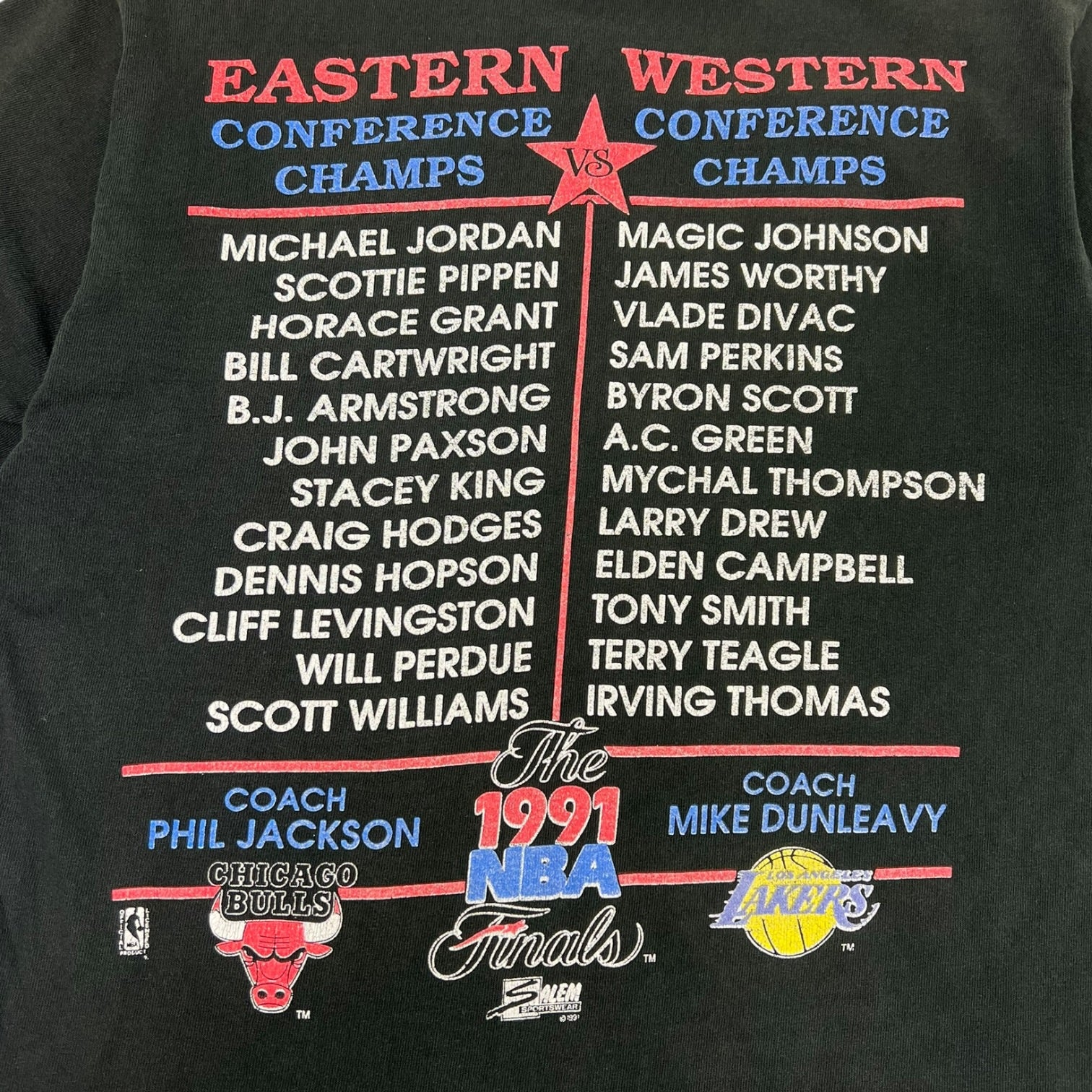 Vintage 1991 NBA Finals Salem Sportswear t-shirt featuring Michael Jordan and Magic Johnson