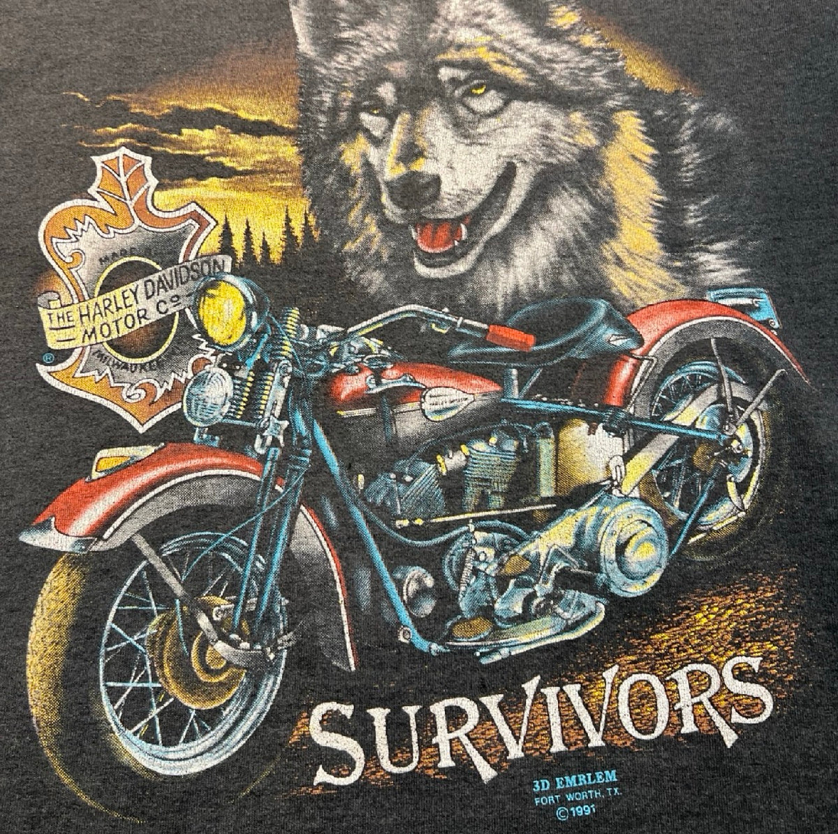 Vintage 1991 Harley Davidson 3D Emblem “Survivors” Wolf Tee Black