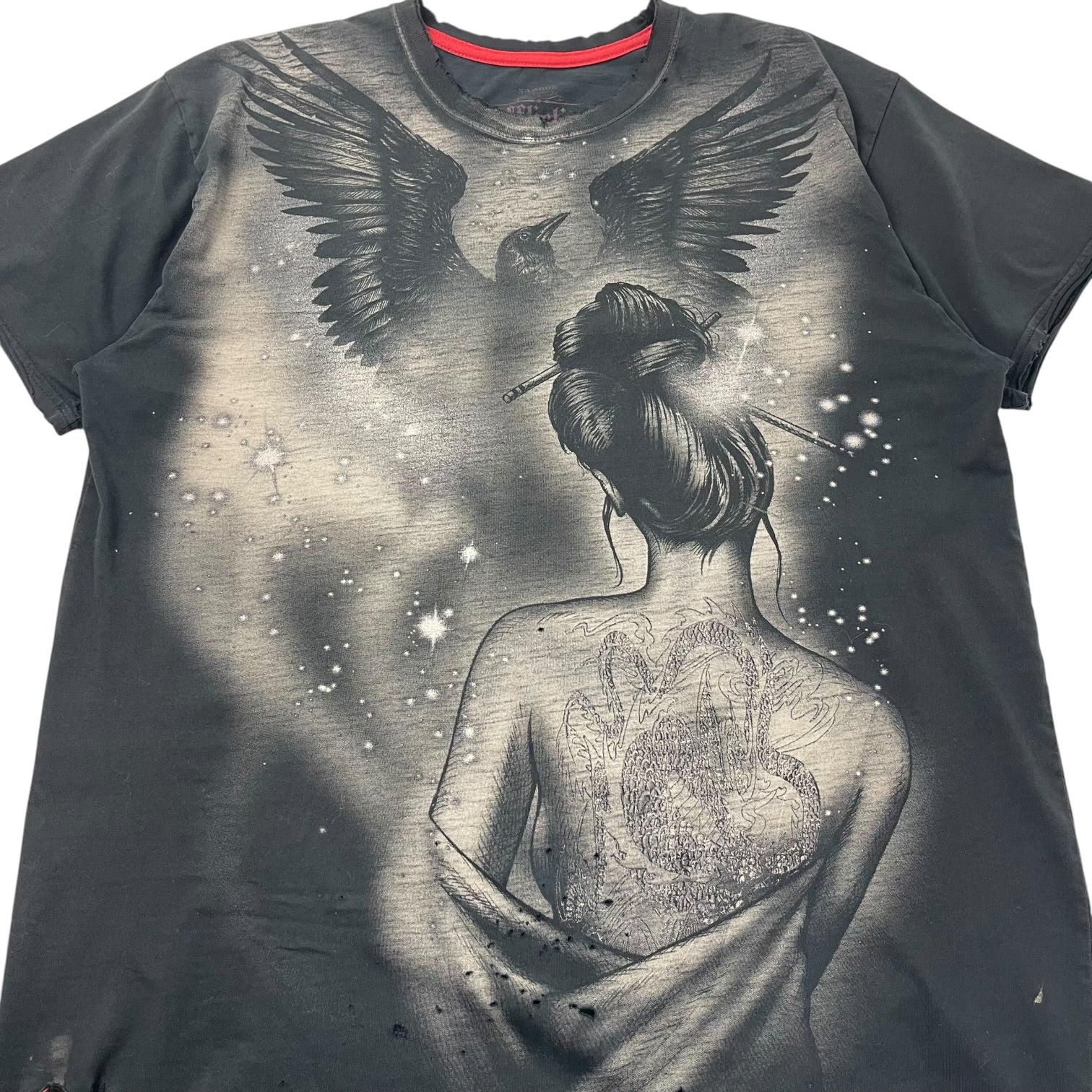 Vintage Y2K Affliction Lady & Bird T-Shirt Faded Black