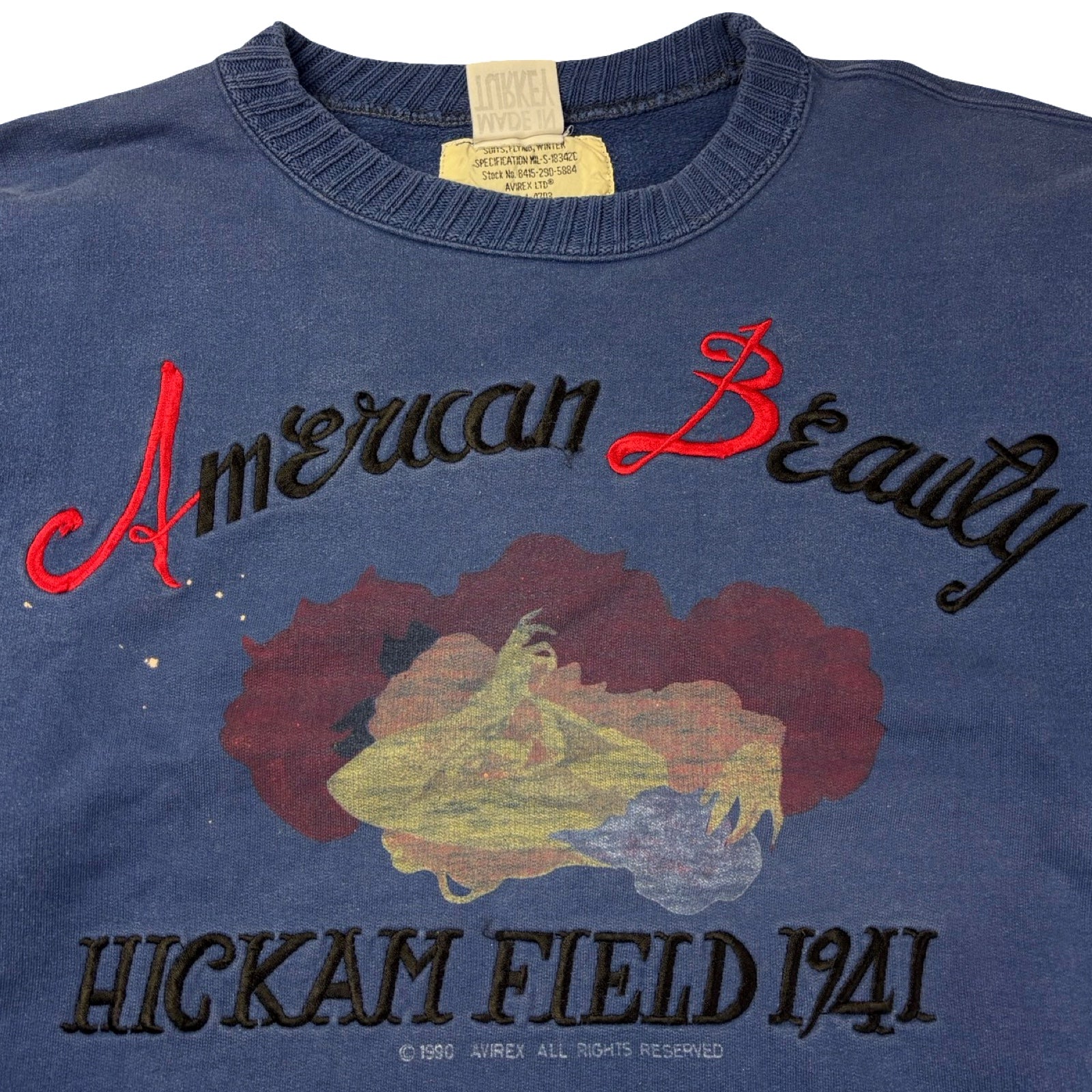Vintage Avirex “American Beauty” Hickam Field Crewneck Washed Blue