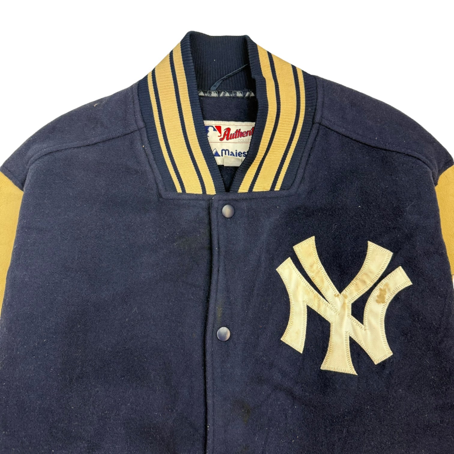 1990s Majestic New York Yankees Letterman Jacket Leather Navy Blue