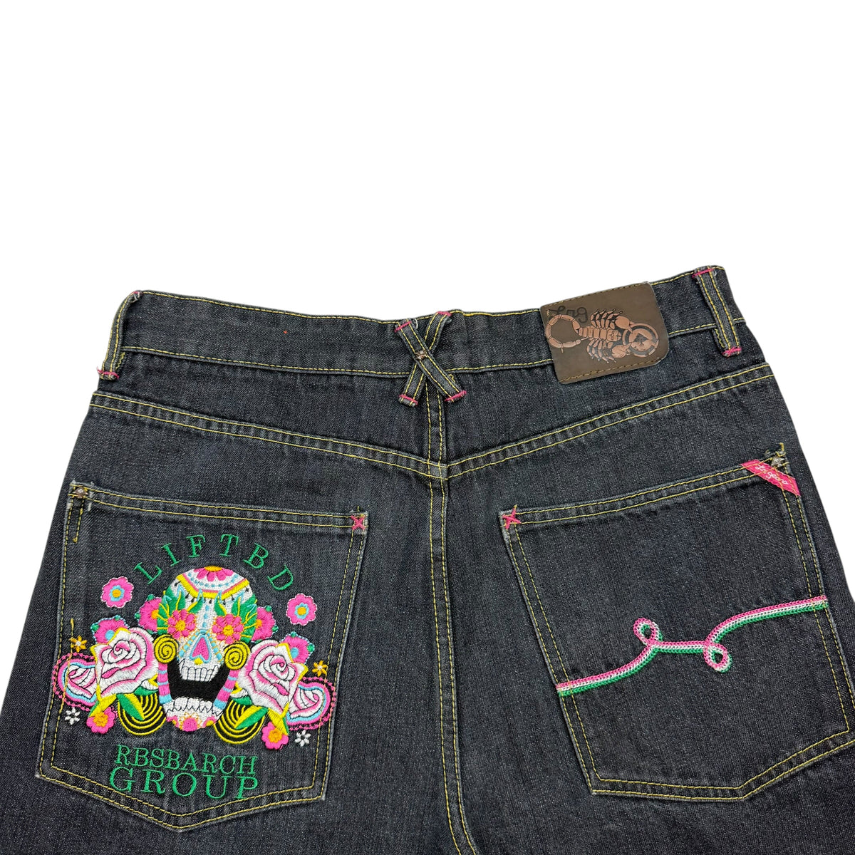 Vintage LRG Embroidered Sugar Skull Raw Denim Jeans Indigo