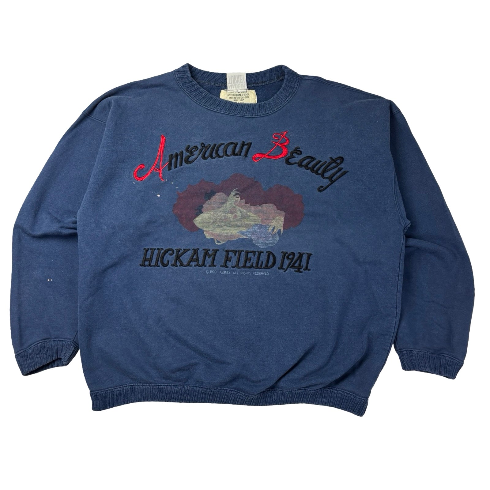 Vintage Avirex “American Beauty” Hickam Field Crewneck Washed Blue