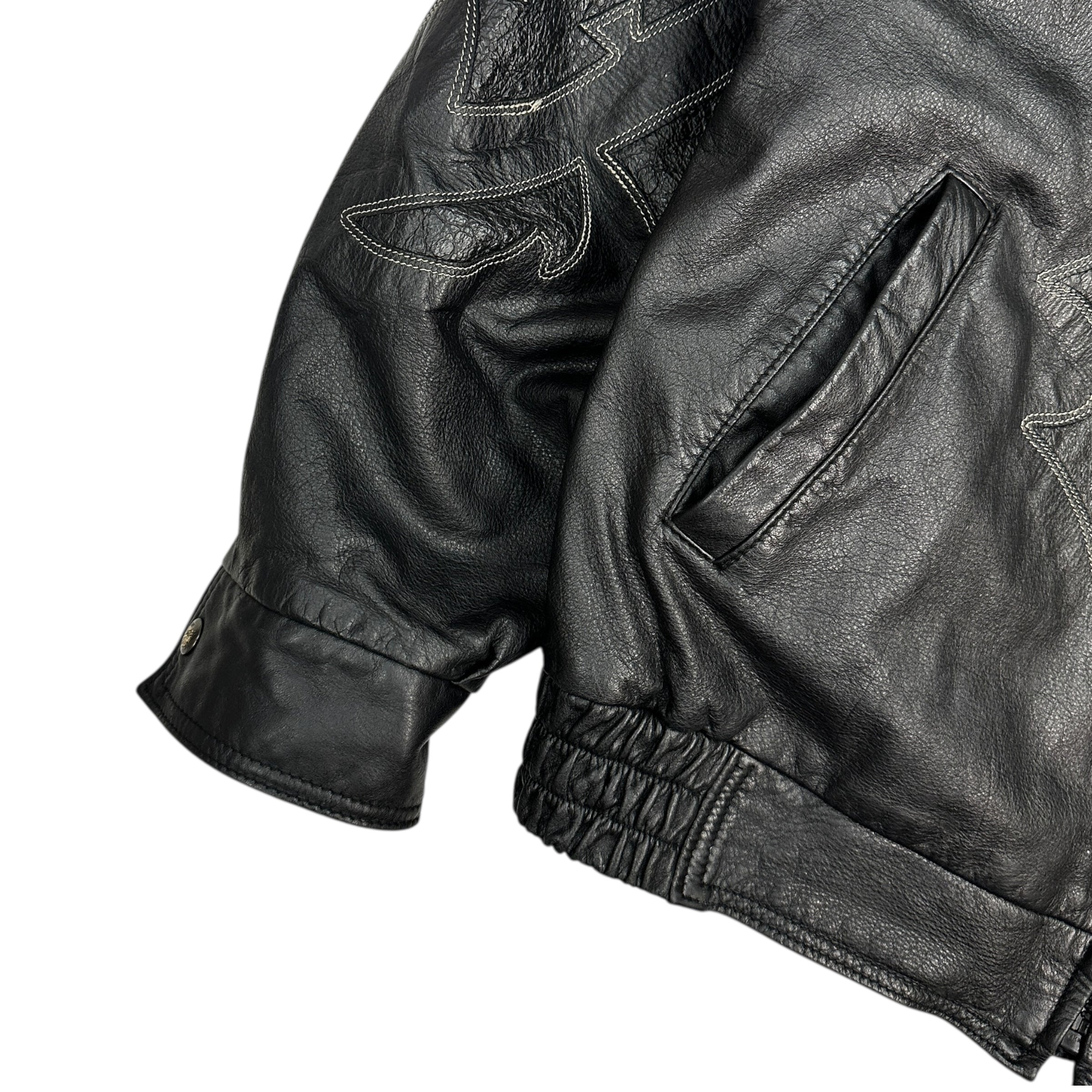 Vintage Leather Cowboy Pattern Bomber Jacket Black