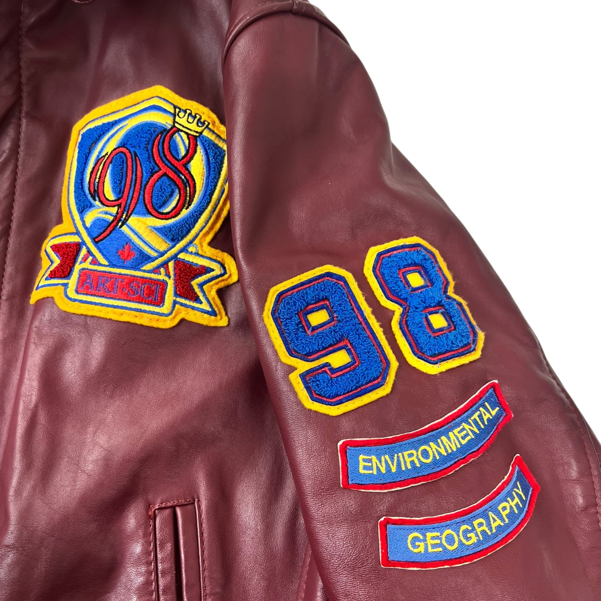 Vintage Queen's University Leather Environmental Geography Varsity Jacket Burgundy