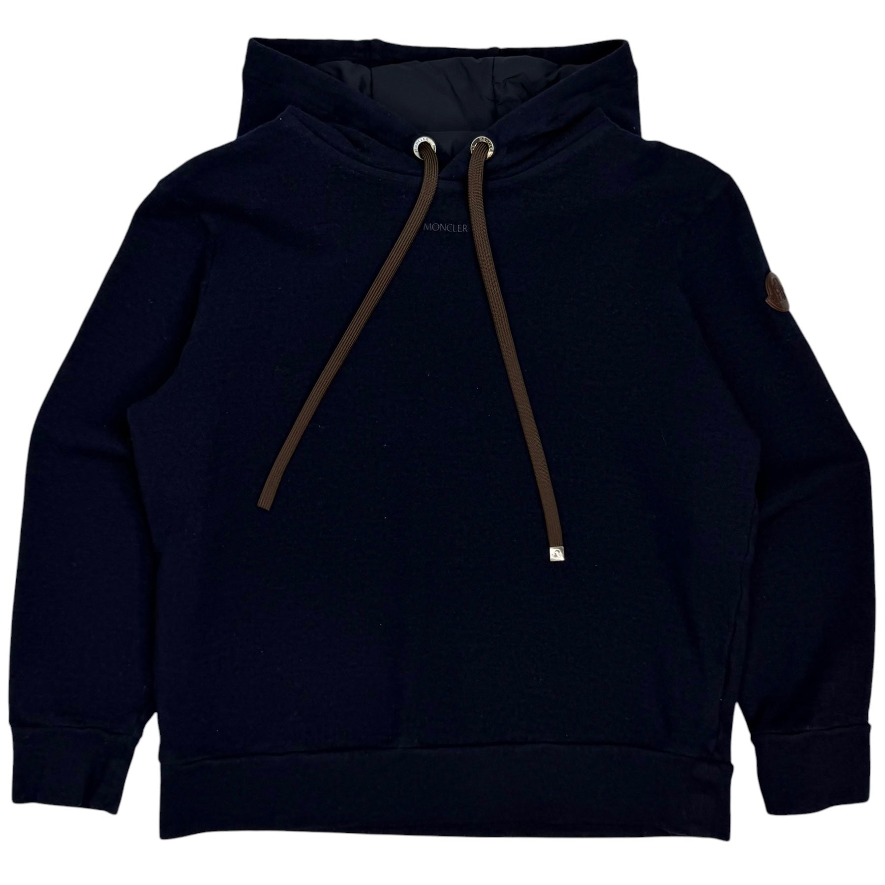 Moncler Leather Logo Cotton Blend Hoodie Navy