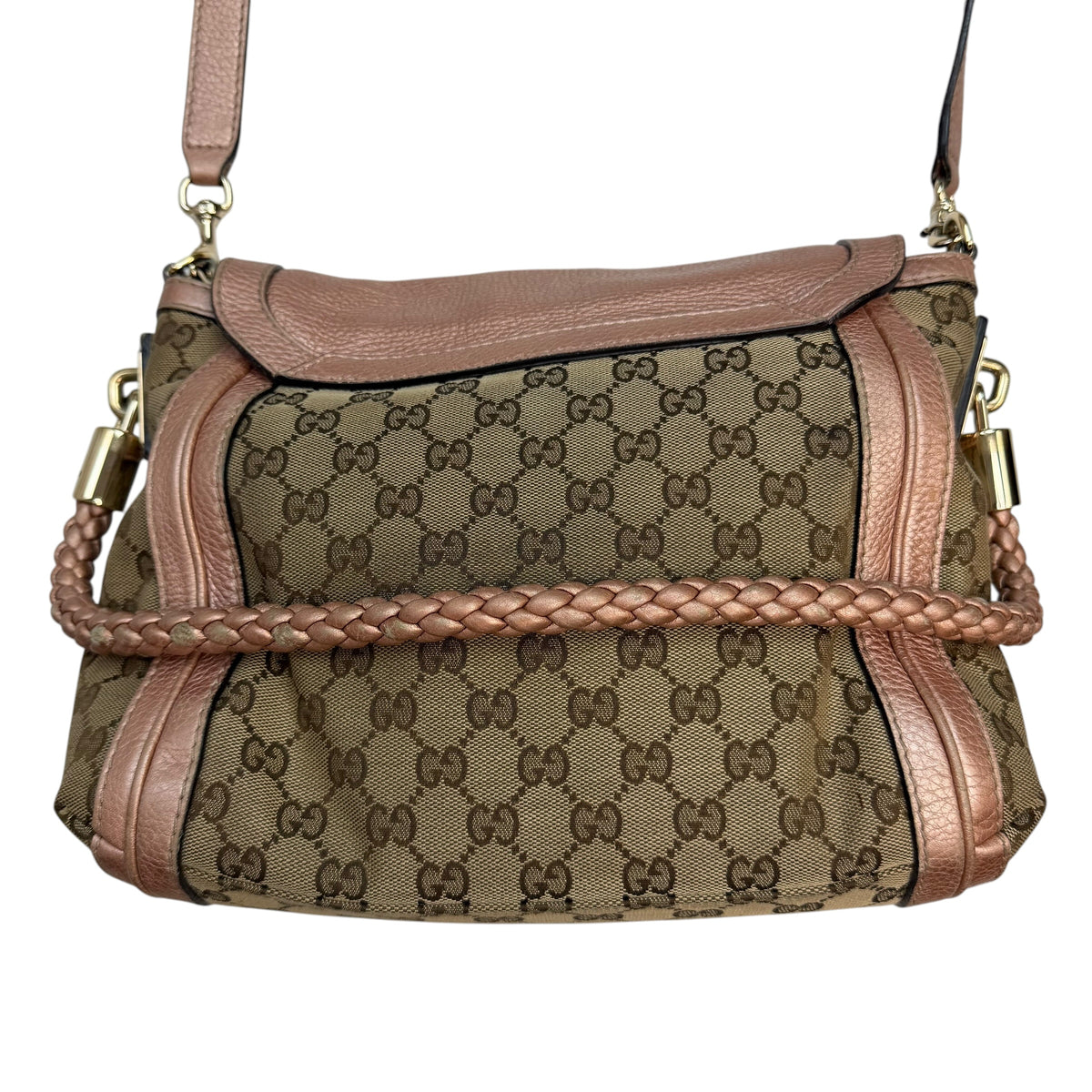 (W) Gucci GG Canvas Bella Flap Satchel Bag Beige/Pink