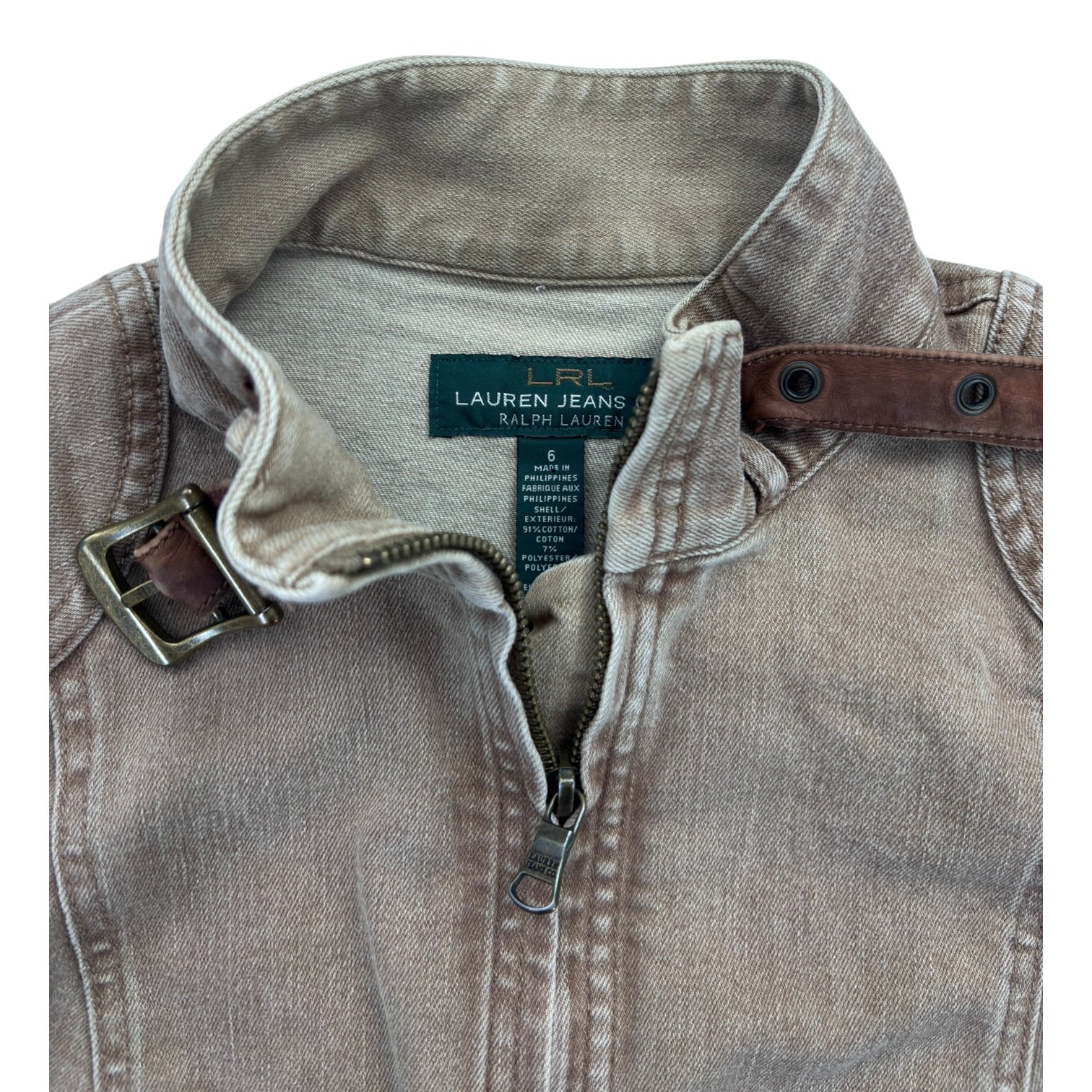 (W) Y2K Ralph Lauren Leather Trim Jean Jacket Brown