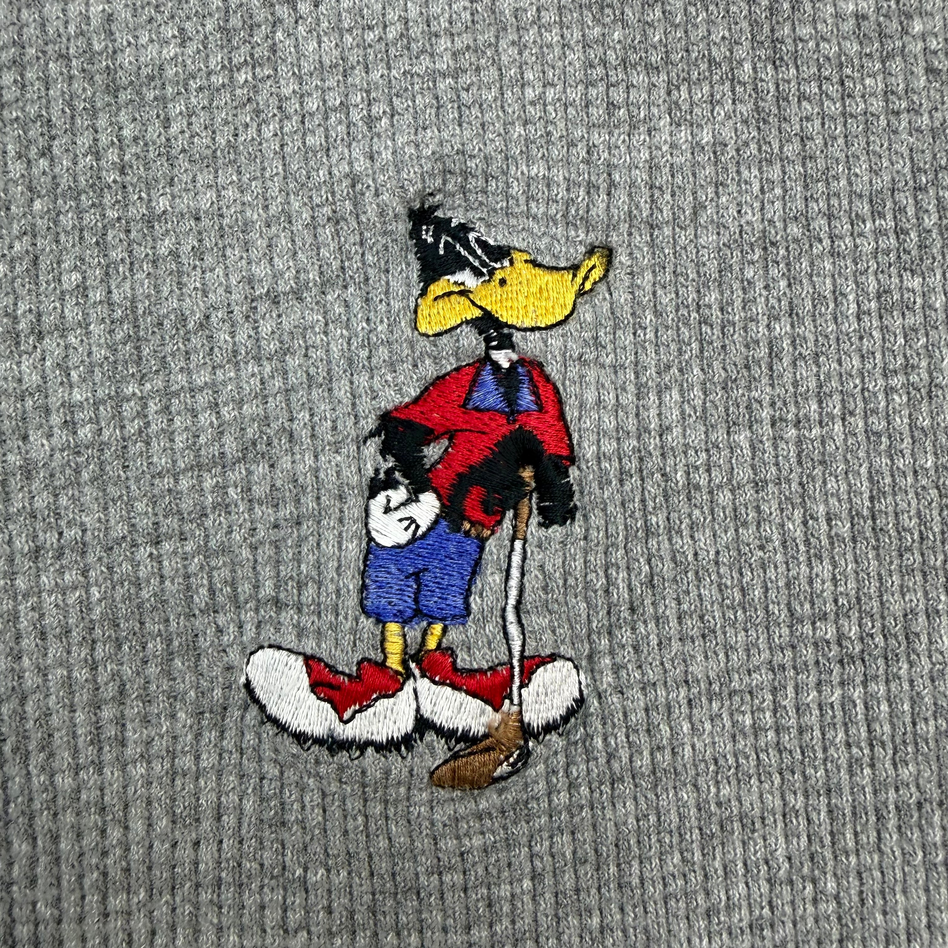 Vintage Looney Tunes Daffy Duck Waffle Knit Embroidered Polo Grey