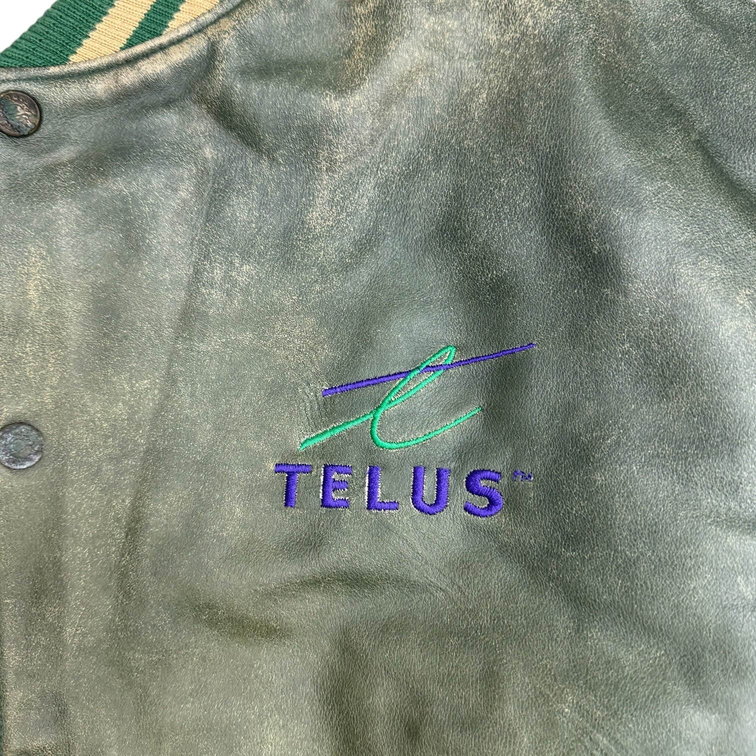 Vintage Roots Canada Telus Leather Bomber Jacket Green/Brown