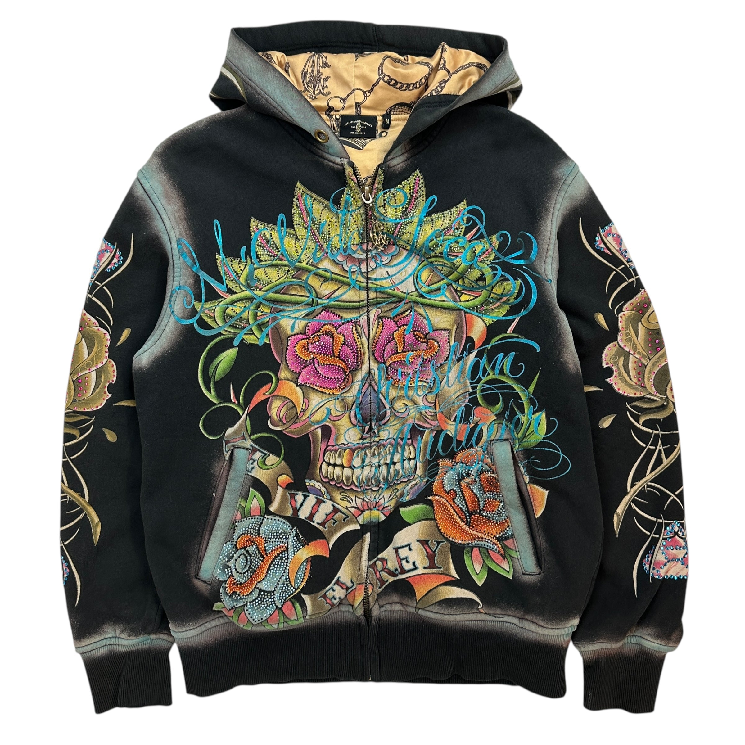 Vintage Y2K Christian Audigier Rhinestone Hoodie Black