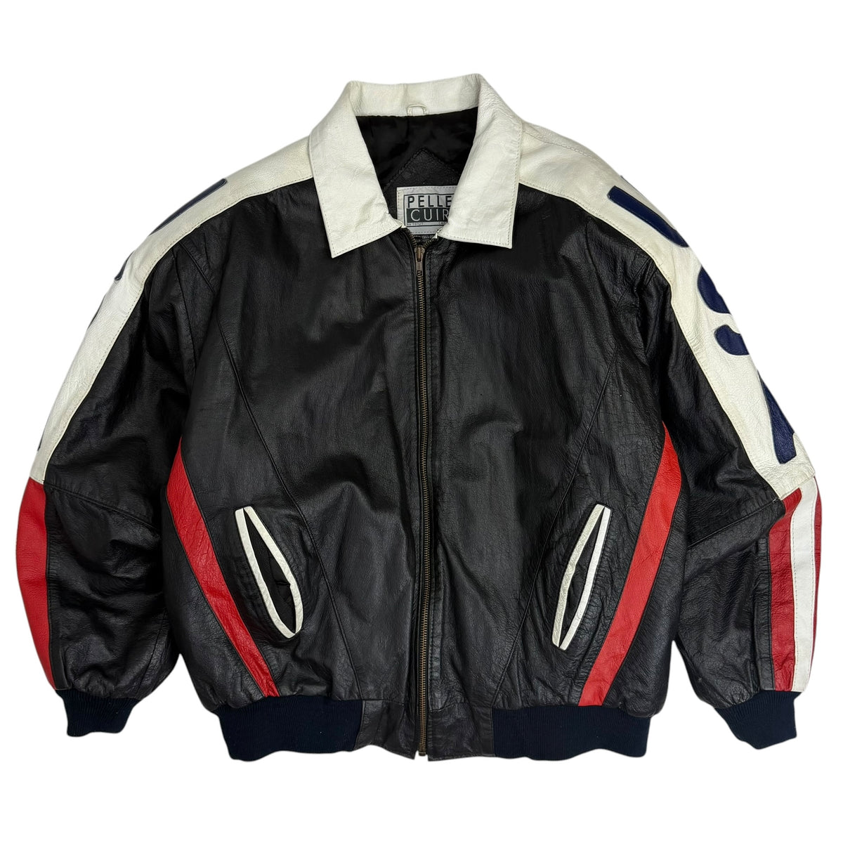 Vintage Pelle Cuir American Flag Leather Bomber Jacket Black