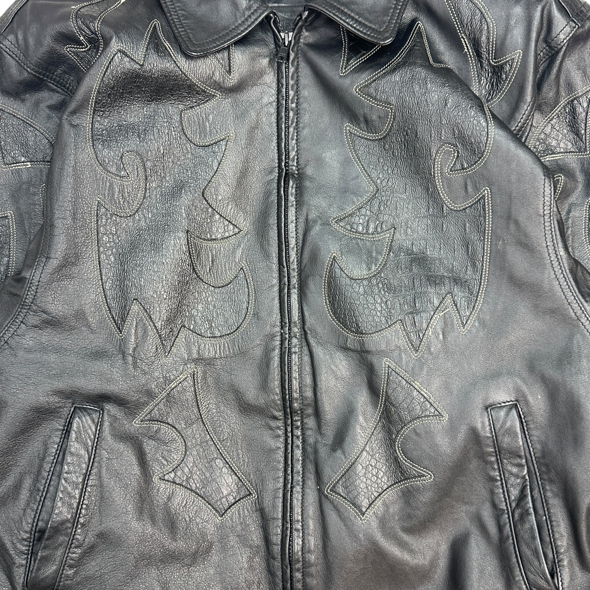 Vintage Leather Cowboy Pattern Bomber Jacket Black