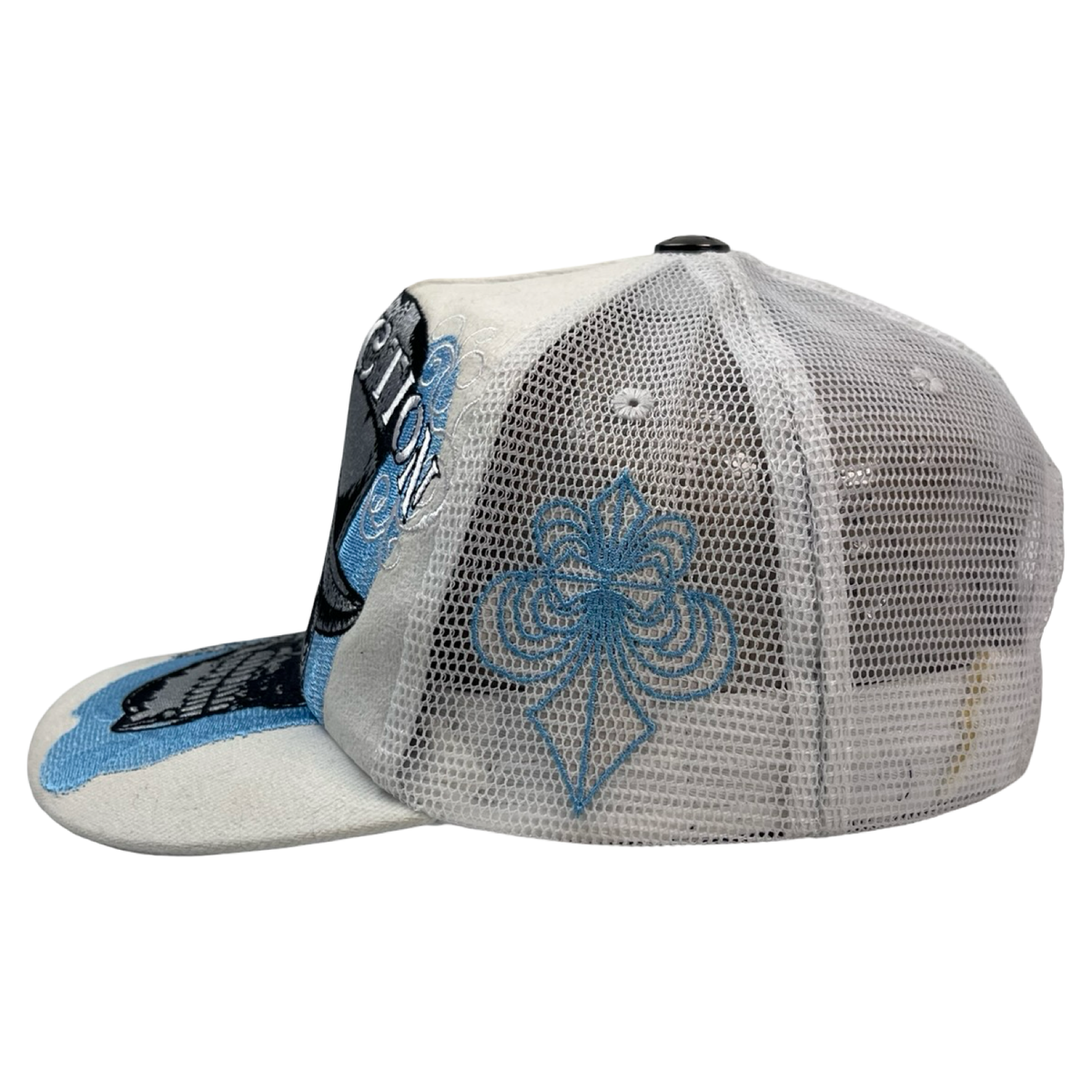 Vintage Y2K Affliction Embroidered Skull Trucker Hat White