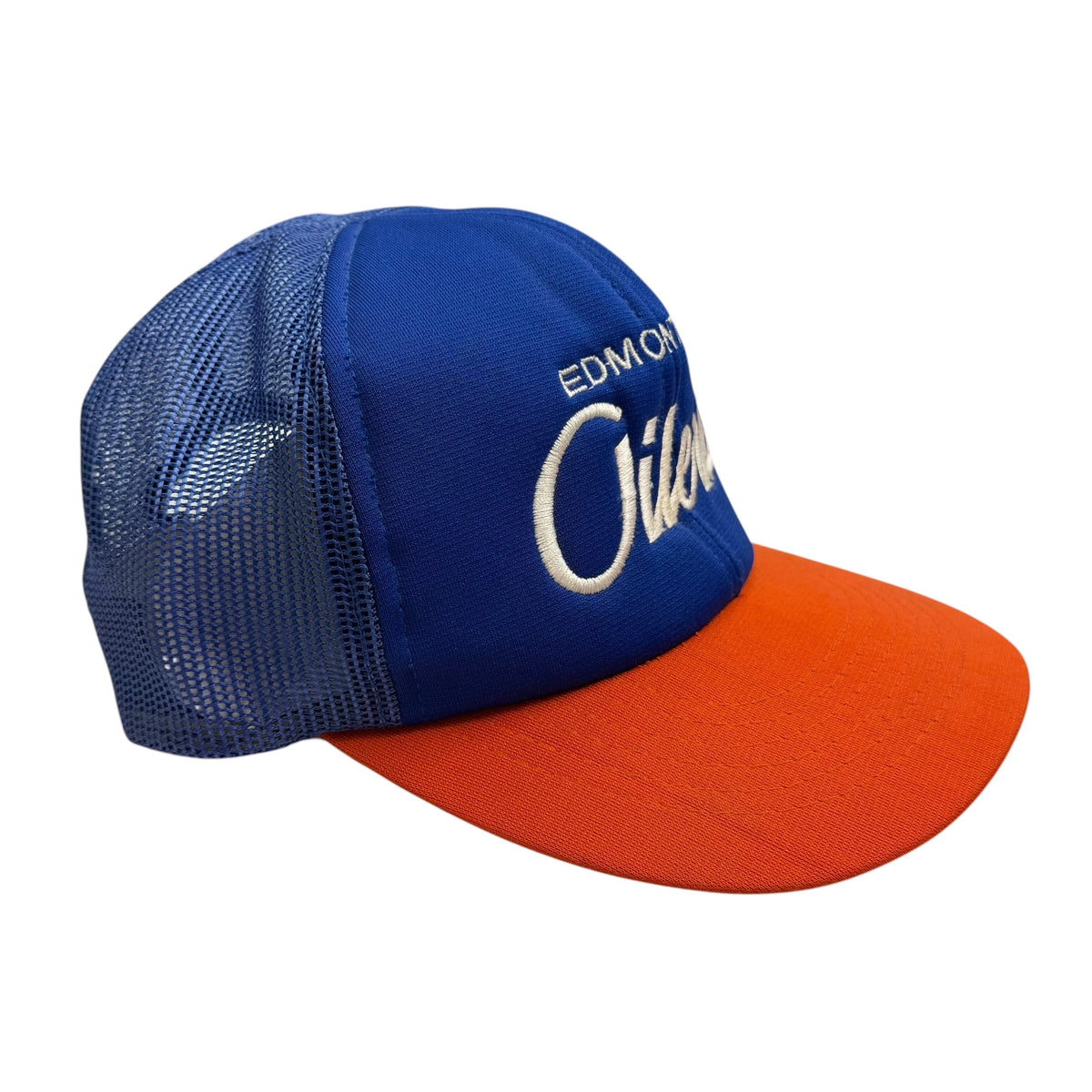 Vintage Edmonton Oilers Script Trucker Snapback Blue/Orange