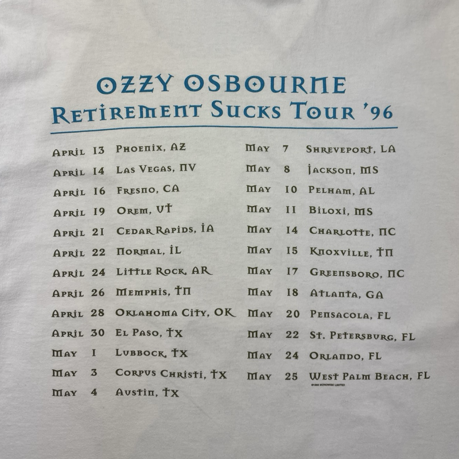 1996 Ozzy Osbourne Retirement Sucks Tour T-Shirt