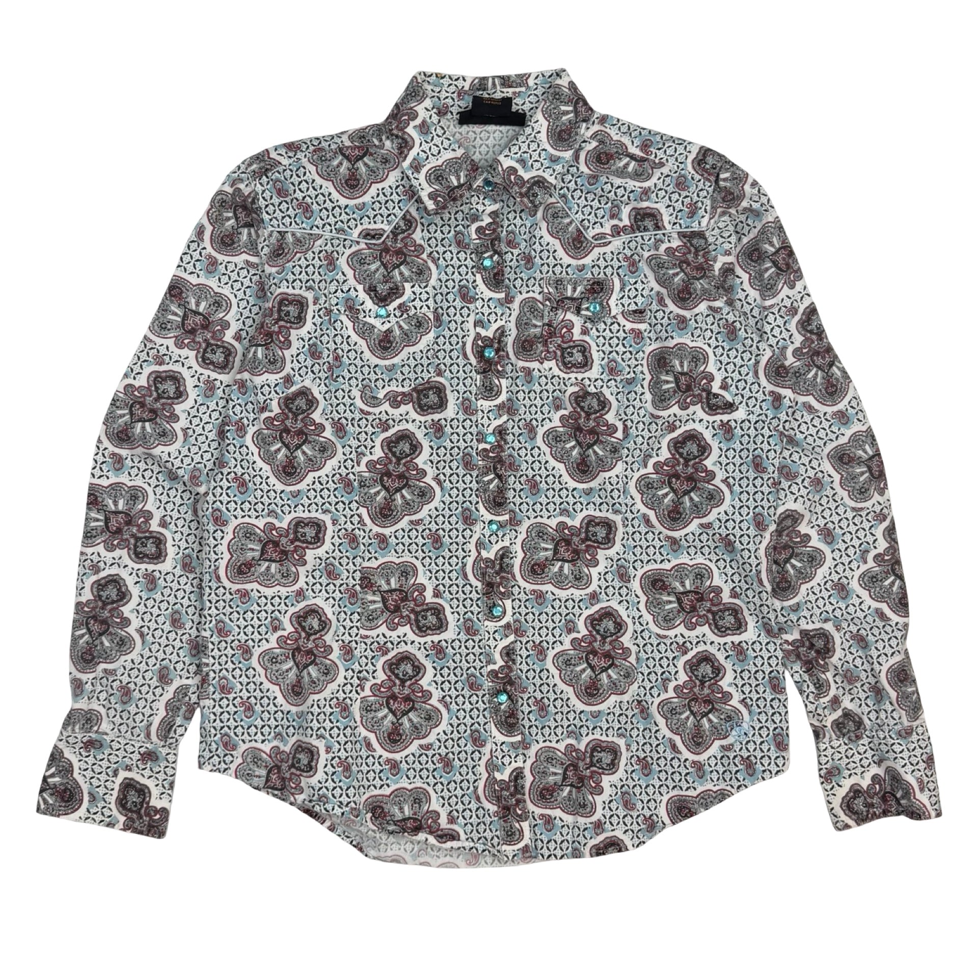 Vintage Ariat Patterned Snap Button Up Shirt Cream/Blue