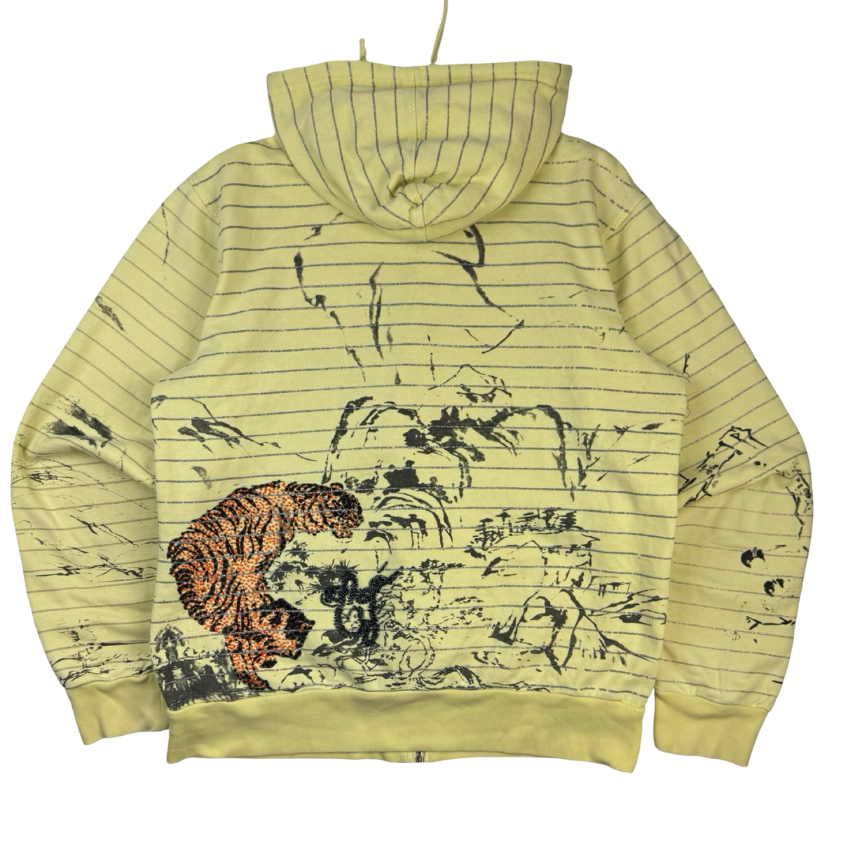 Vintage Y2K Bedazzled Tiger Striped Zip Up Hoodie Soft Yellow