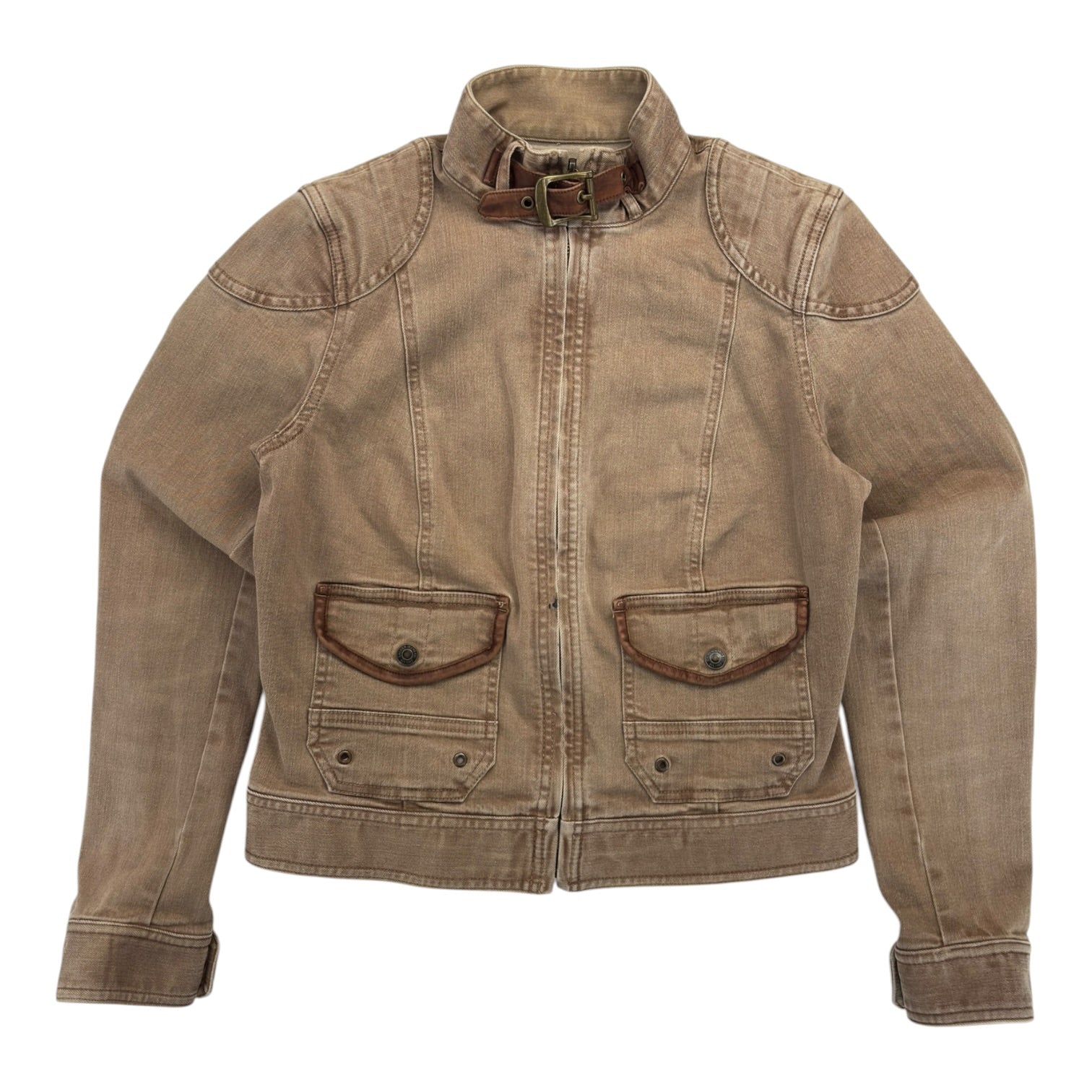 (W) Y2K Ralph Lauren Leather Trim Jean Jacket Brown