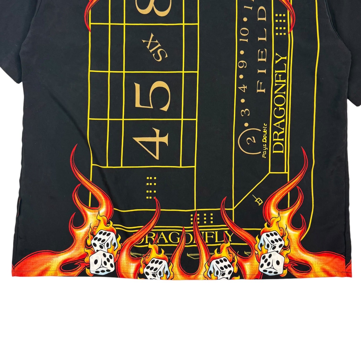 Vintage Dragonfly Roadhouse Flaming Craps Table Button Up Black