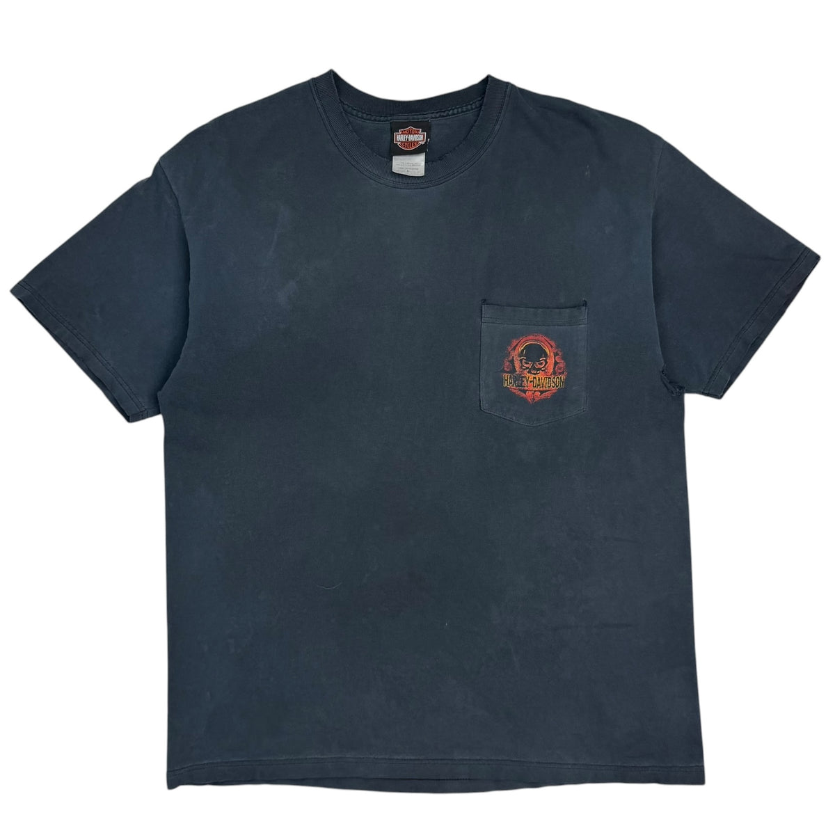 2003 Harley Davidson Gasoline Alley Flaming Skull Pocket Tee Faded Black