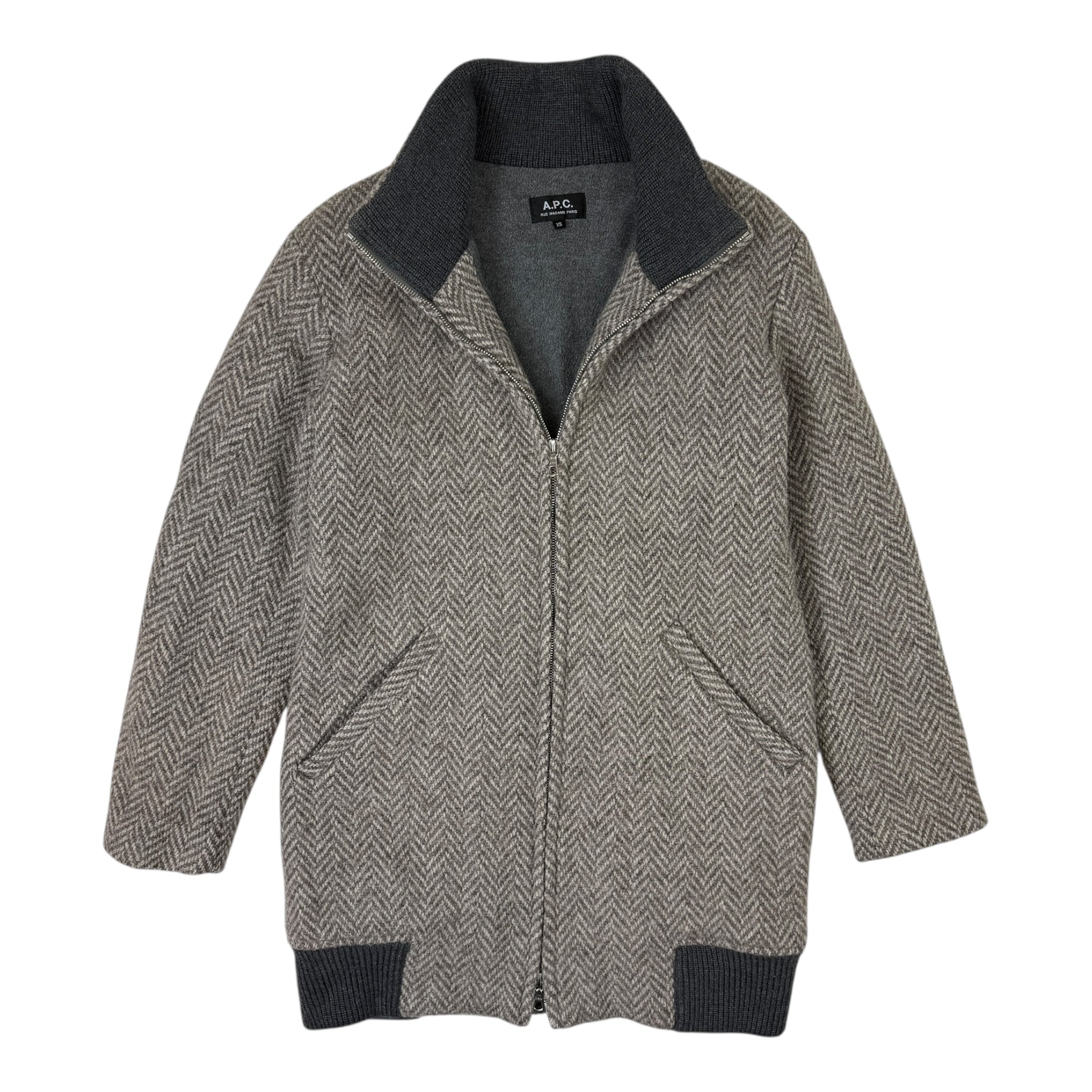 A.P.C Wool Herringbone Zip-Up Jacket Grey